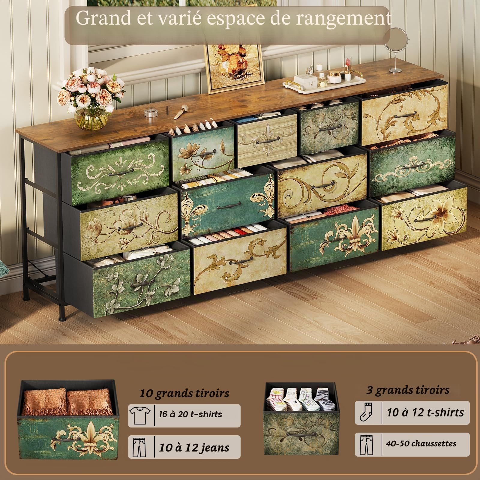 VEDECASA Commode à 9 tiroirs extra large en tissu avec motif floral rétro - Commode longue avec dessus en bois et cadre en métal (13 tiroirs)