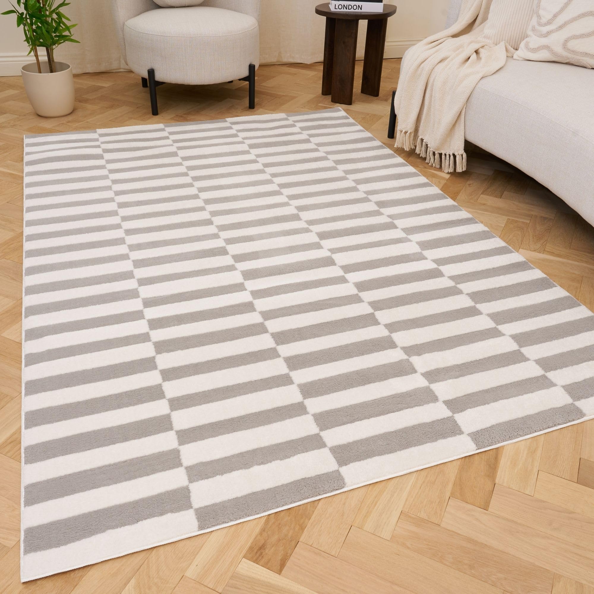 THE RUGS Living Room Rug, Loft Collection – Modern Textured 14mm Soft Pile Area Carpet, Non-Shedding & Easy Care [ Block Stripe Grey, 200x290 cm]