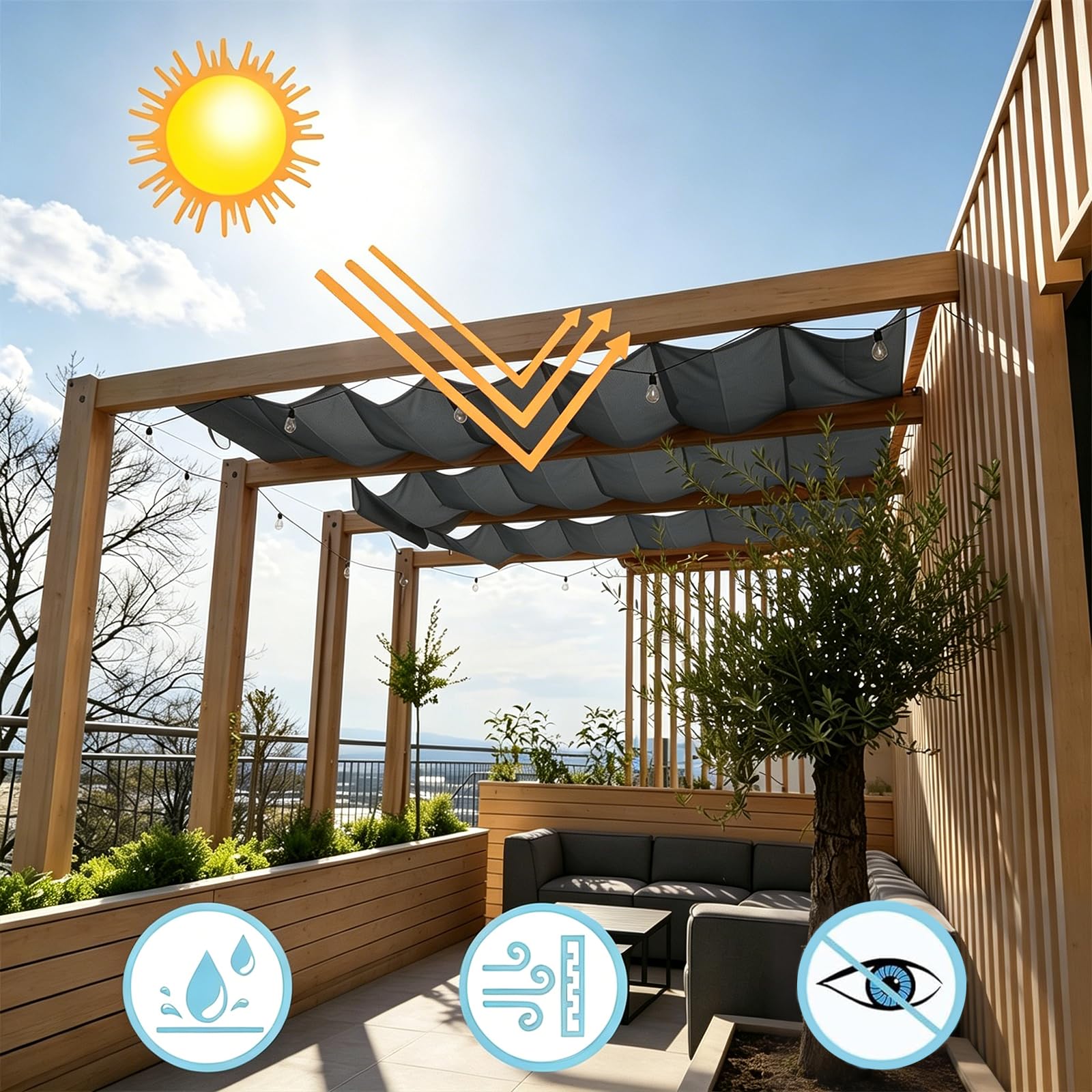 Wysuwana Tkanina Zacieniająca Typu Fala 150 x 2000 cm Odporny Na Promienie UV Siatka Cieniująca – Parawan Ogrodowy Z Liną Do Ogrodu I Na Zewnętrzne Patio, Ciemny szary