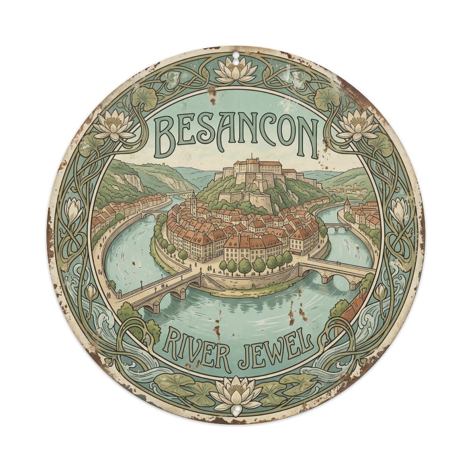 Vintage Travel Besancon France River Metal Tin Sign Plaque Wall Decor for Cafe, Club, Garden Round Metal Poster 8x8Inch