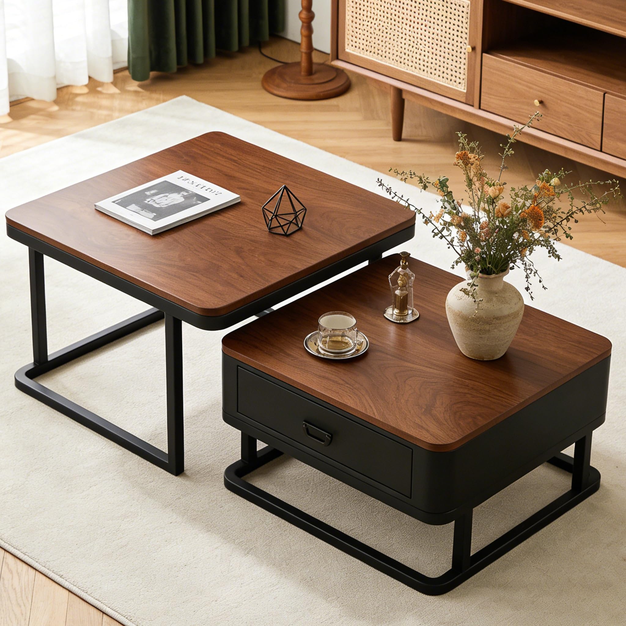 Générique Lot de 2 Tables Basses, Moderne Table Basse Salon Extensible, Noyer Coffee Table with Storage, Metal Frame, pour Salon, Chambre à Coucher, Noyer