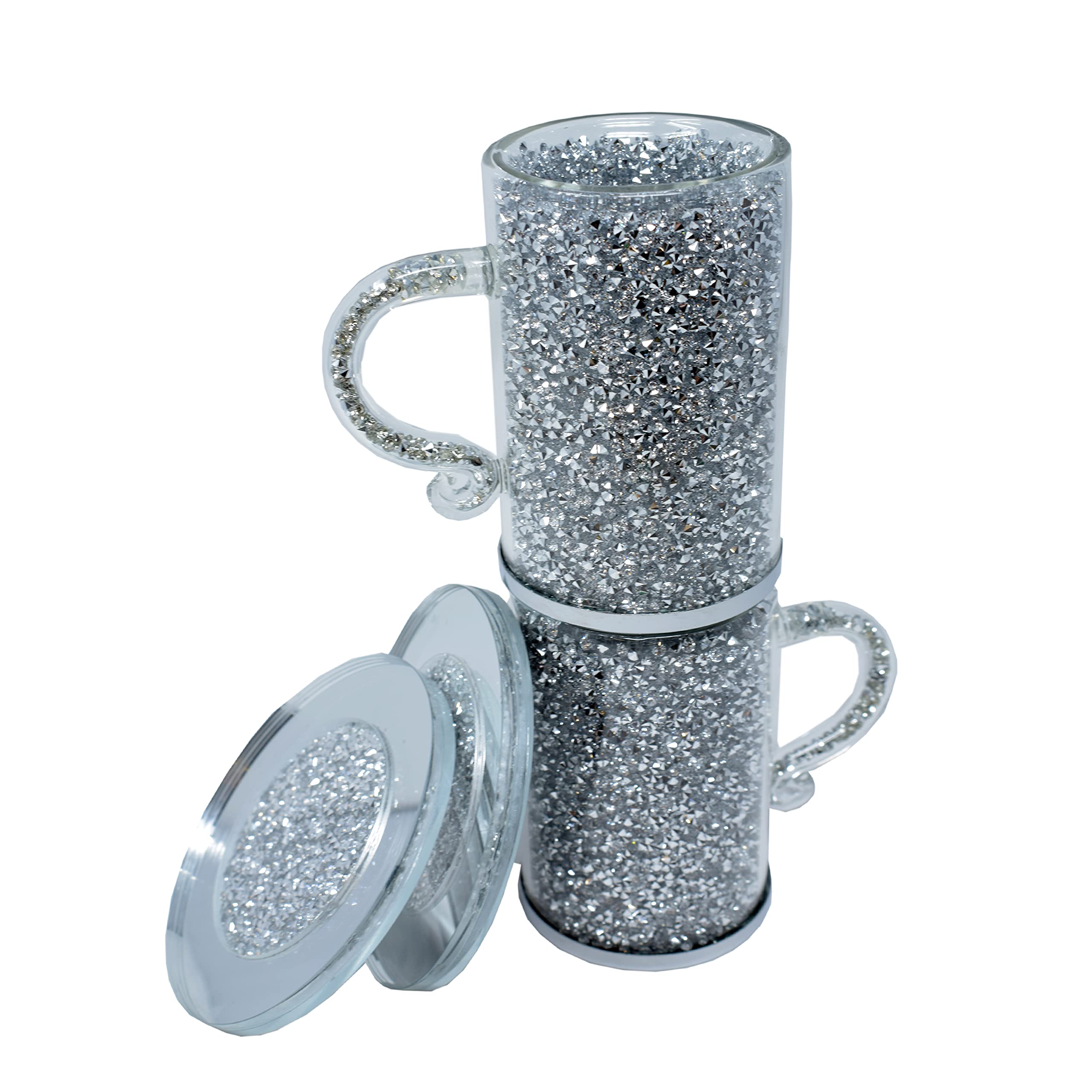 Amazing Gift Silver Crushed Diamond Crystal Mug & Saucer Set Of 2 - Turkish Coffee Cup