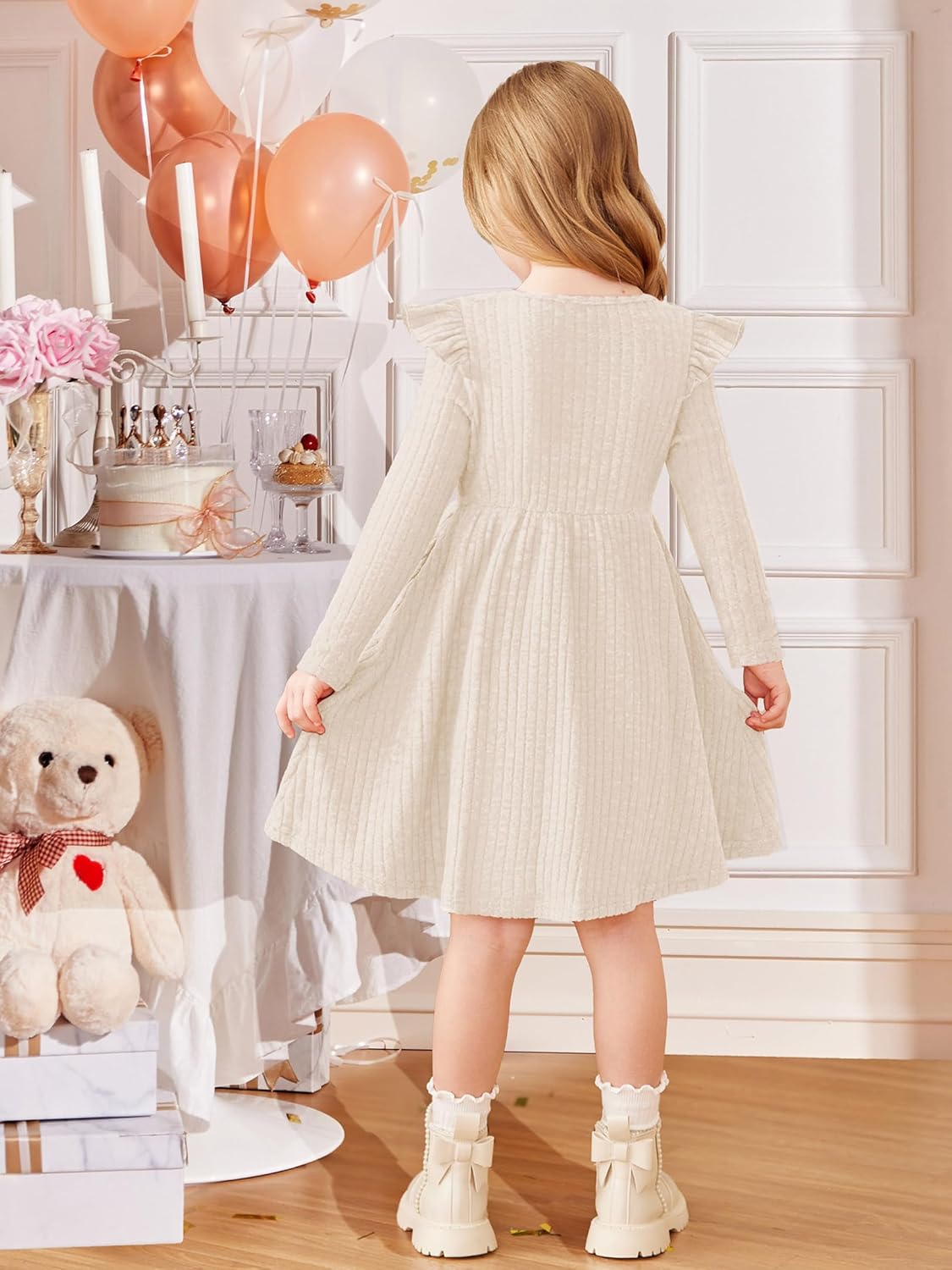 Arshiner Toddler Girl Dress Baby Girls Knitted Ruffle Sleeve Pocket Dresses A-Line Flared Fall Winter Clothes for 2-8 Years - Image 6