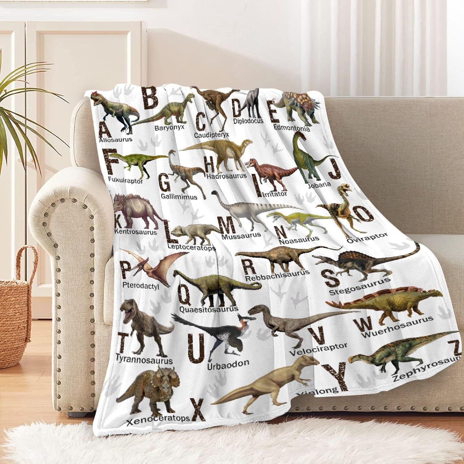 Dinosaur Alphabet Blanket Gifts Ultra Soft Cozy Throw Flannel Blanket, Lightweight Fuzzy Fleece Blanket Warm Plush Throw Blankets for Couch, Sofa, Bed, 40"x50" for Kids