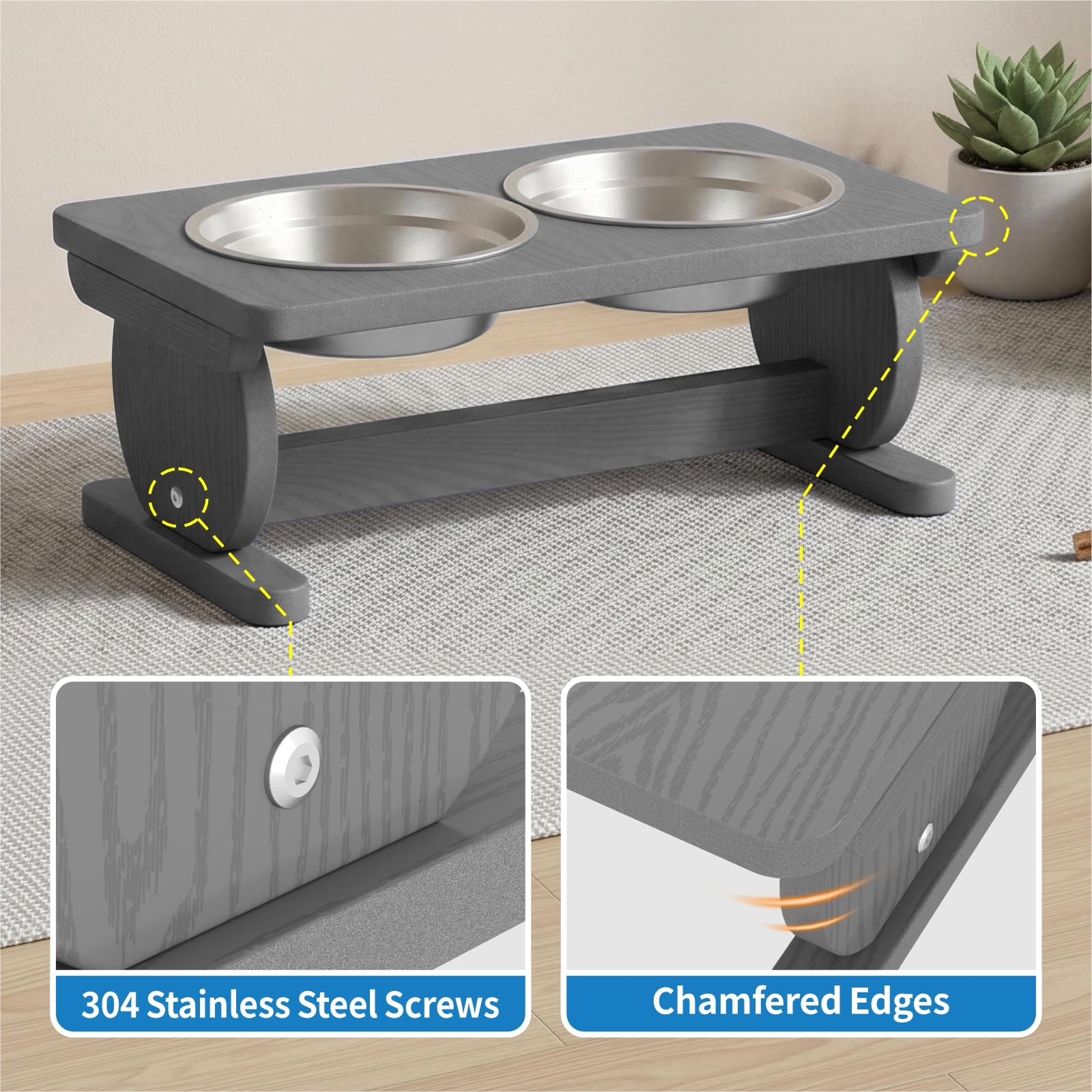 Support surélevé pour gamelle pour chien de petite taille, station d'alimentation avec 2 bols en acier inoxydable de 620 ml et assiette à lécher, bol de nourriture pour chien, gris