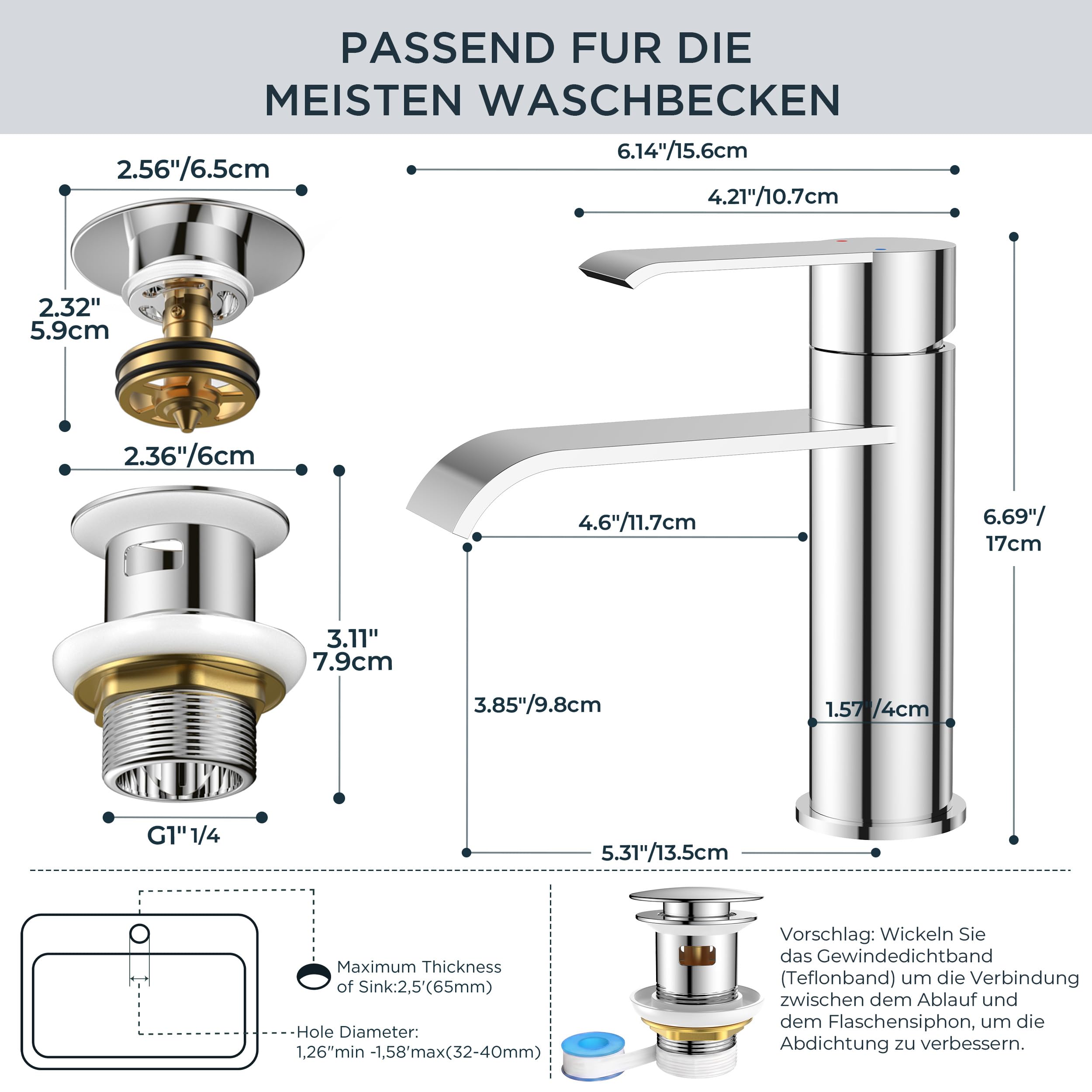 FORIOUS Wasserhahn Bad mit Ablaufgarnitur, Waschtischarmatur Einhandmischer – Hochwertige Waschbecken Armaturen für Badezimmer, Moderne Armatur Badezimmer, Energiesparend & Wassersparend