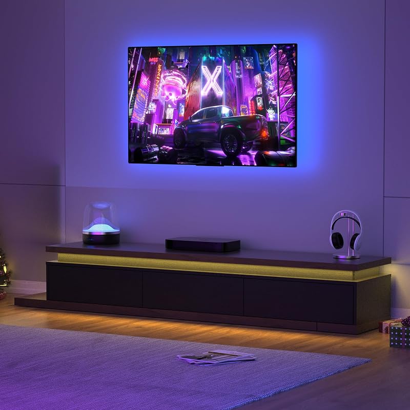 Betterhood Extendable TV Stand with LED Lights (80” - 106”), Wood Entertainment Center for Up to 120" TV, Modern Reversible TV Console with Three Drawers, Living Room, Bedroom, Black & Walnut image 5