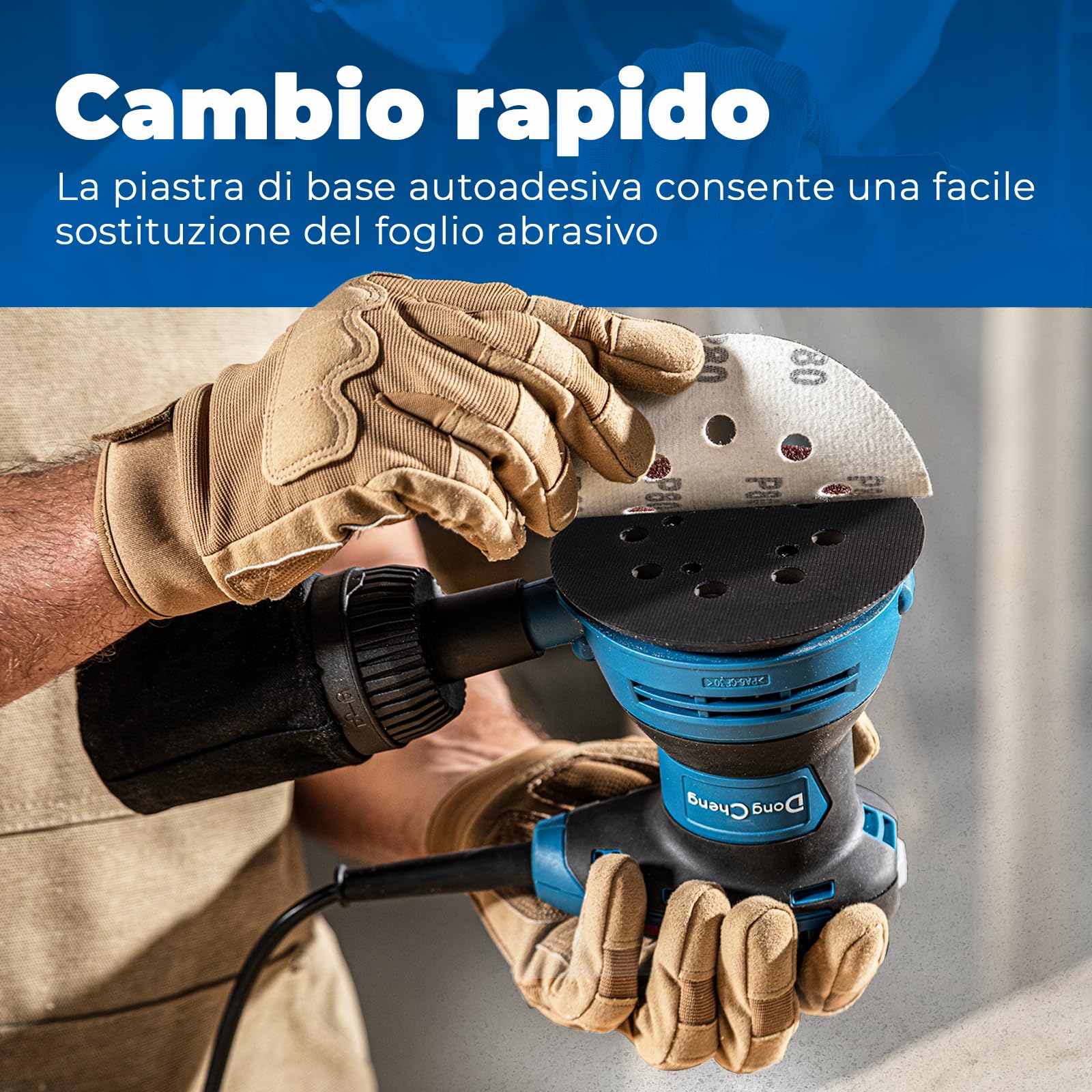 Dong Cheng 300W Levigatrice Orbitale, 125 mm, 6 velocità, 4000-12000 giri/min, Sistema di raccolta della polvere con 10 dischi abrasivi, ideale per progetti di lavorazione del legno
