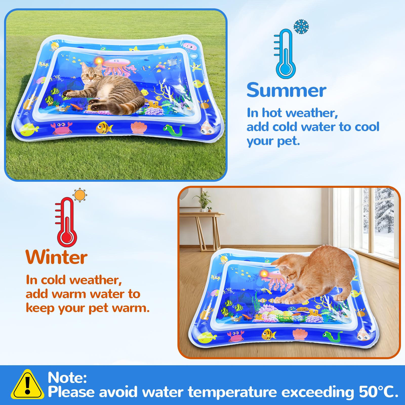 Tappeto Acqua Gatto, LED Tappeto Ad Acqua per Gatti, Tappetino Gonfiabile per Animali, Tappetino Sensoriale Ad Acquas per Gatti, Adatto per Uso Interno ed Esterno in Estate