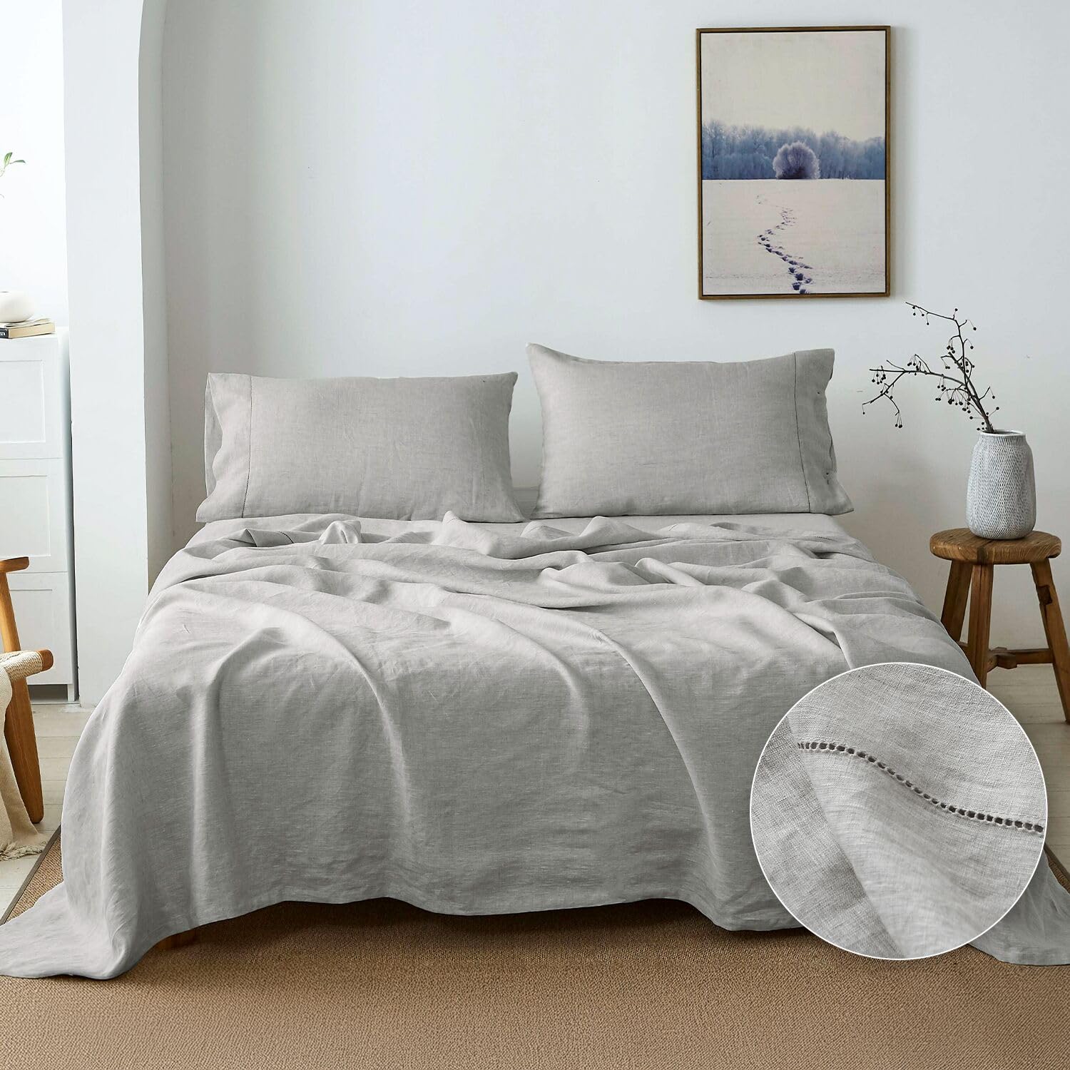 Simple&Opulence 100% French Linen Sheet Set Handmade Hemstitch-4 Pcs Natural Flax Farmhouse Bed Sheets(1 Flat Sheet 1 Fitted Sheet 2 Pillowcases)-