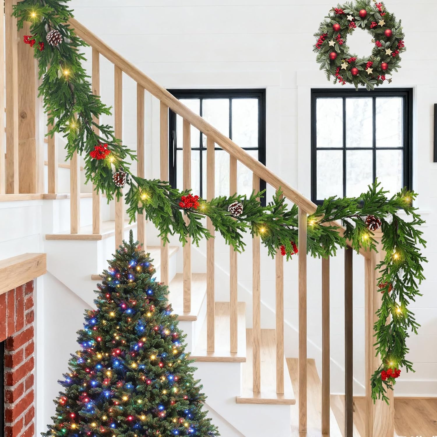 6FT Prelit Christmas Garland with Lights, Realistic Cedar Garland with Red Berries Pine Cone Artificial Real Touch Greenery Lighted Xmas Garland for Mantle Stair Railing Fireplace Decorations