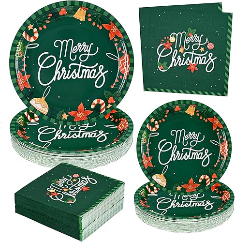 Homlouue 200 platos y servilletas de papel de Navidad, juego de vajilla desechable de Feliz Navidad, suministros de fiesta de Navidad, suministros