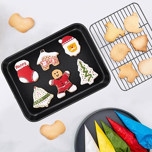 Miniatura 7 de TeamFar Molde para horno tostador con juego de estante, 10.5 x 8 x 1 pulgadas, bandeja pequeña antiadherente para hornear con rejilla