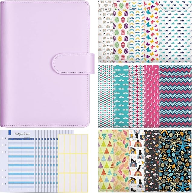 A6 PU Leather Notebook Binder, 6 Round Rings Refillable Notebook Binder 15pcs Plastic Envelope Pockets,15 Budget Tracking Tables with Label Stickers-Purple