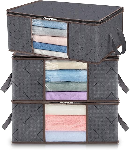 Lifewit Clothes Storage Bag Foldable Storage Bin Closet Organizer with Reinforced Handle Sturdy Fabric Clear Window for Sweaters, Coats, T-shirts, Blankets, 3 Pack, 35L, Grey