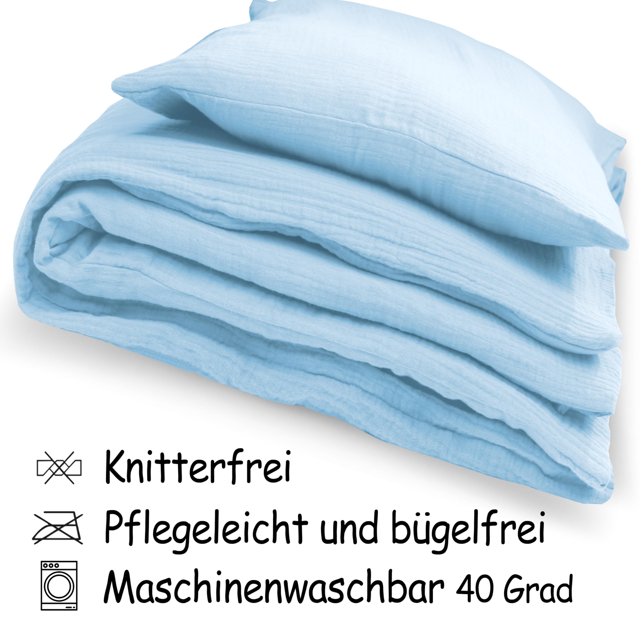 PinkZebra Ropa de Cama Musslin para bebé y niños: edredón de 100 x 135 cm + Almohada de 40 x 60 cm, Ropa de Cama Infantil de algodón 100% orgánico para niñas y niños, certificación Gots, Color Azul