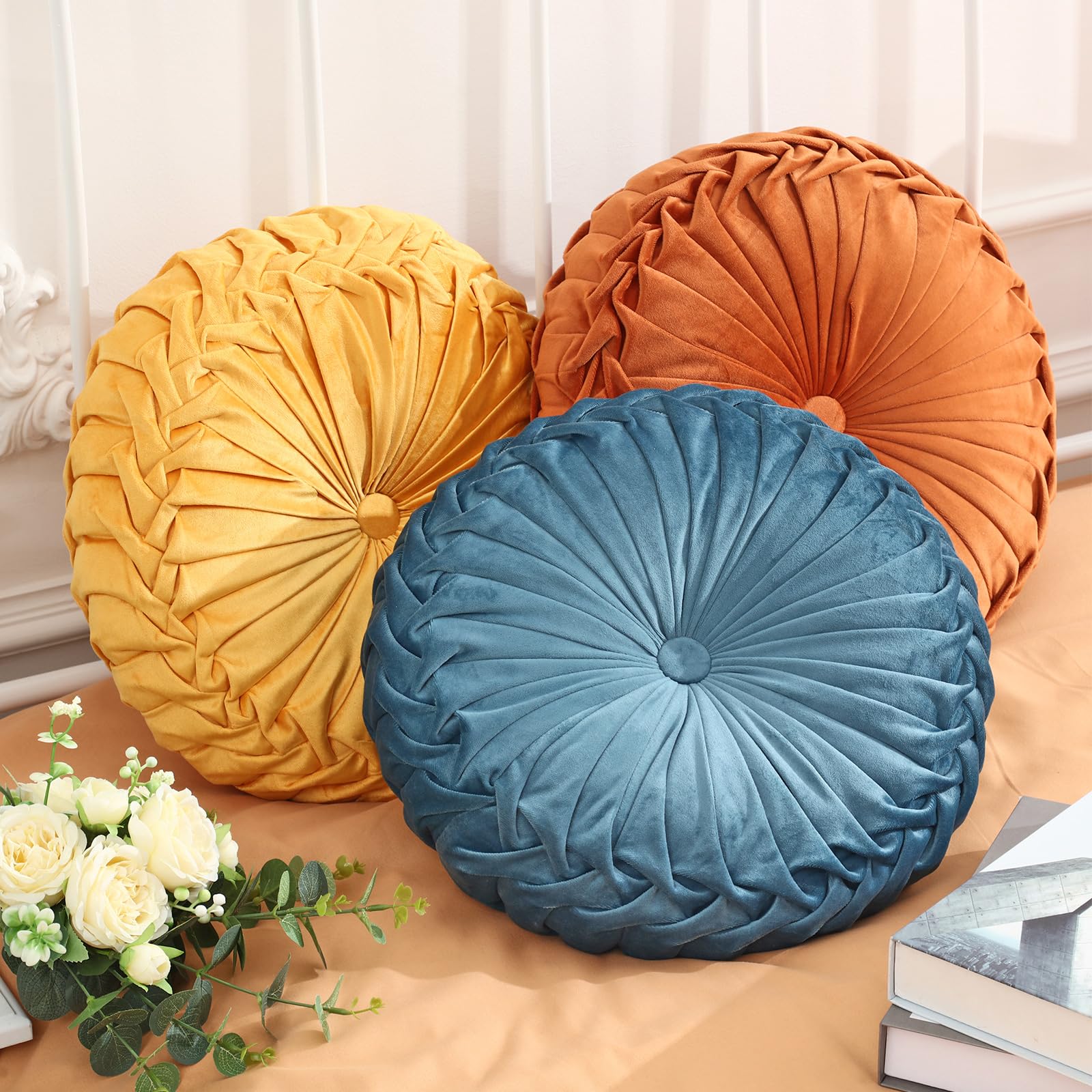 Photo 1 of Drydiet 3 Pcs Round Throw Velvet Pillows Decorative Pleated Throw Pillows Diameter Accent Pumpkin Boho Chair Cushion for Couch Sofa Home Decoration (Yellow,Brunt Orange,Blue,15'')