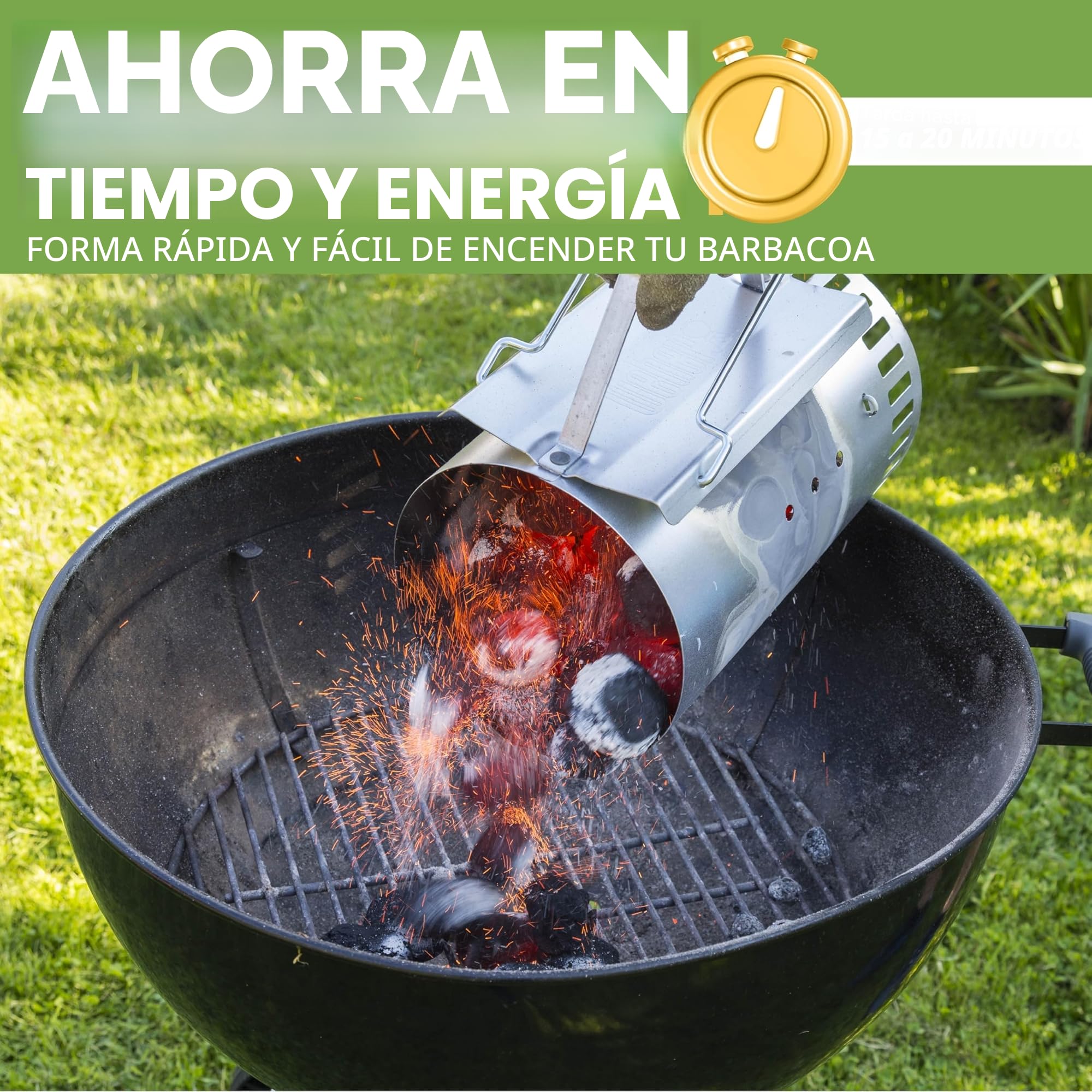 BLOSTM Chimenea para Encender Barbacoa - Extra Grande Encendedor Barbacoa Arranque Rápido, de Acero Galvanizado, con Asas de Seguridad Aisladas Térmicamente para Carbón, Madera en Trozos, Briquetas