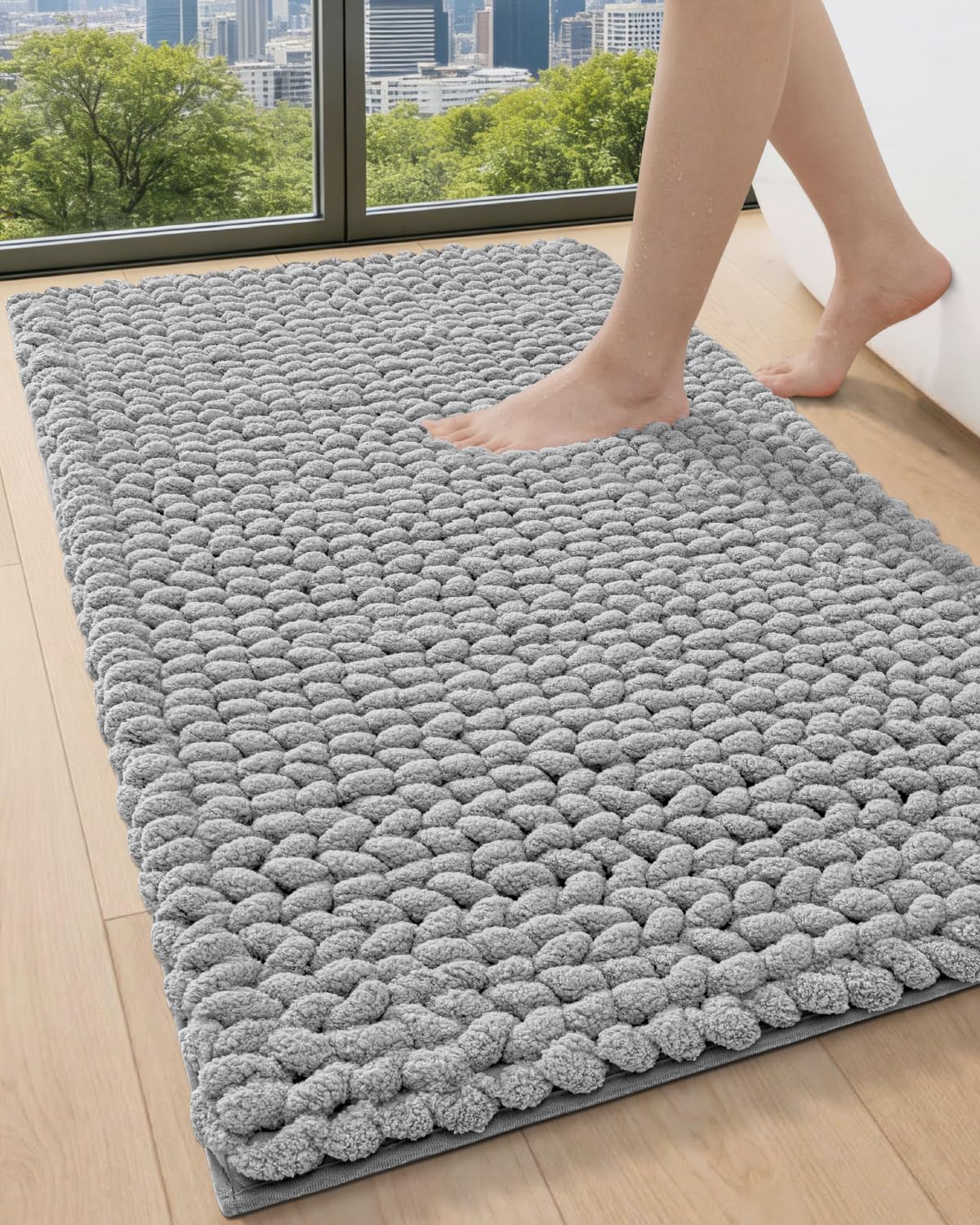 DEXI Alfombra de baño de 43 x 24 pulgadas, antideslizante, lavable, color gris claro