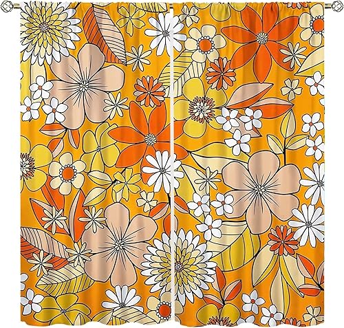 Miniatura 14 de Cortinas florales retro de los años 70 con patrón de margaritas naranjas de mediados de siglo, con bolsillo para barra, cortina para sala de estar y