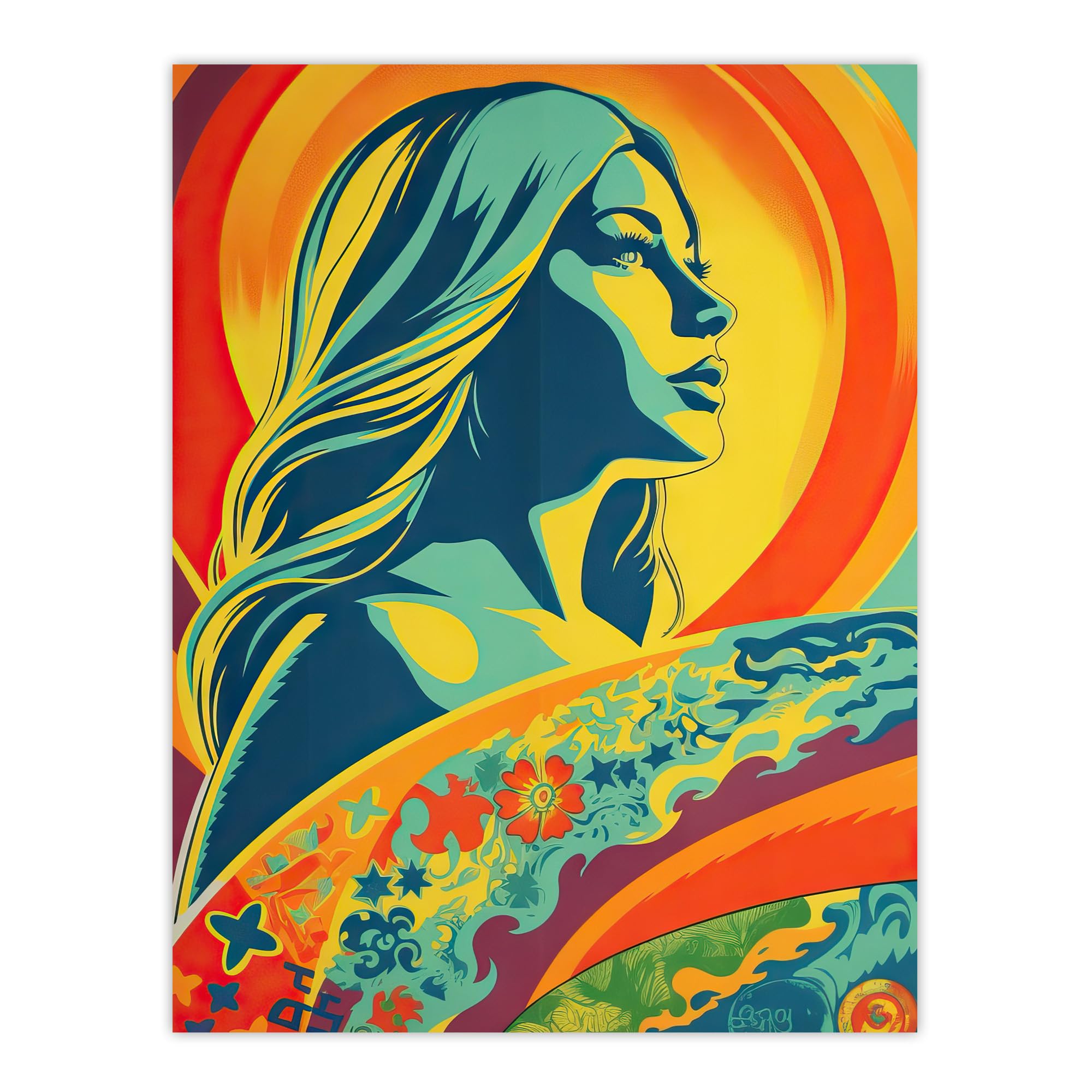 Artery8 Girl Surfer Aesthetic Sunset Surfing Floral Surf Board Vibrant Bold Bright Colourful Painting Extra Large XL Wall Art Poster Print