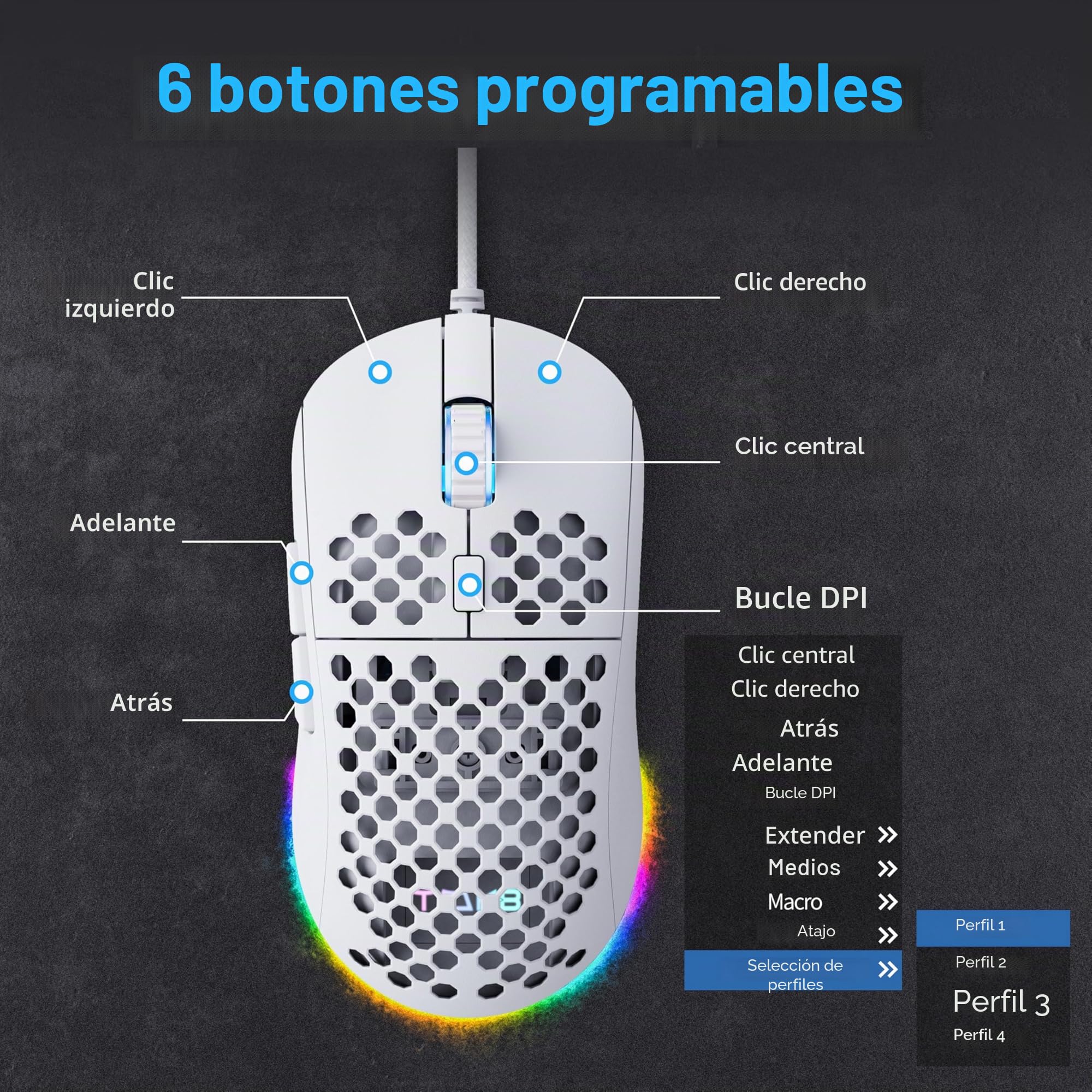 Dierya × TMKB M1SE Ratón Gaming Blanco,12800 dpi Gaming Mouse, 6 Botones programables Raton Blanco, RGB Personalizable Ratón Gaming con Cable, Mouse ergonómico con Cable PC Ordenador