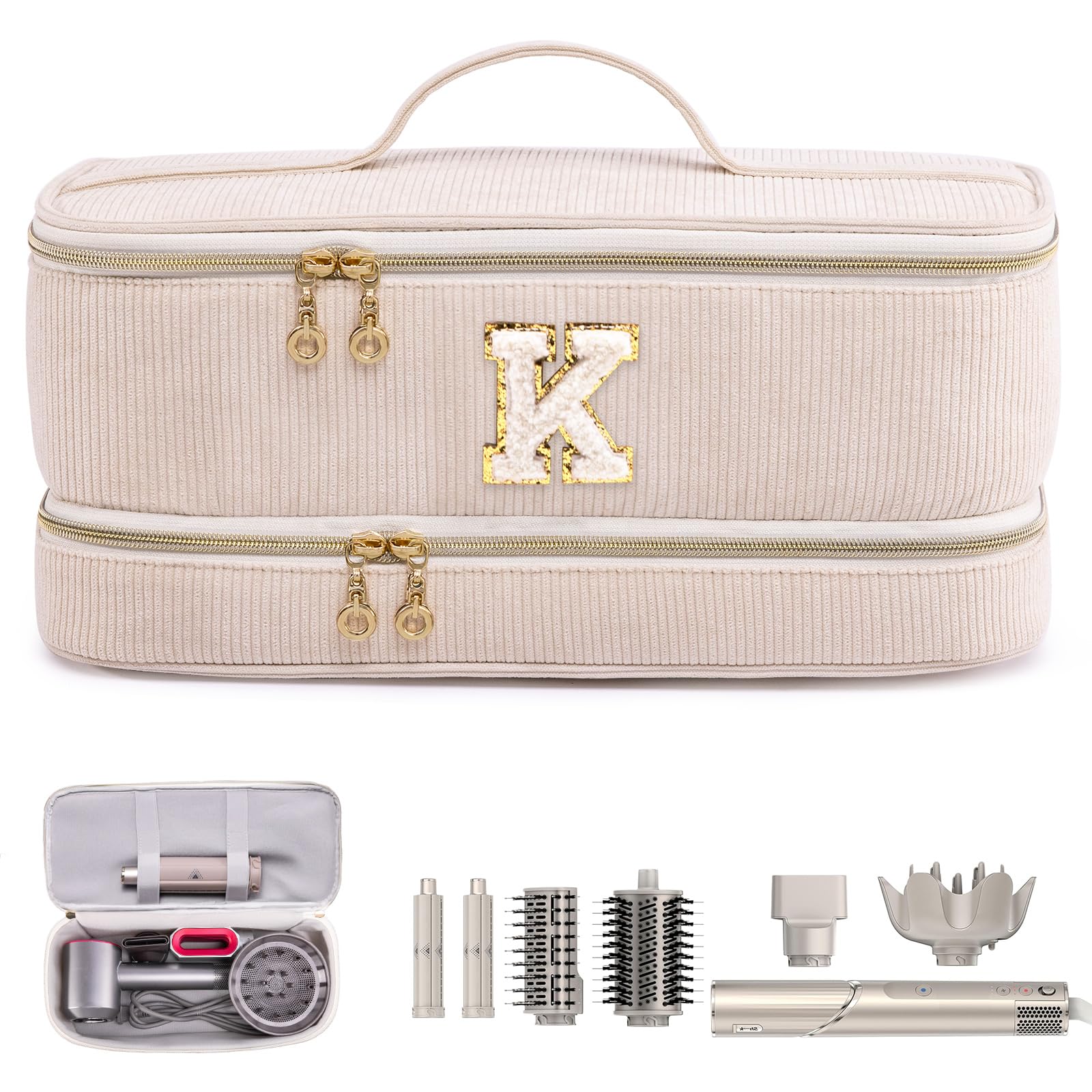 Initial Personalized Hair Tools Travel Bag Double-Layer Hair Dryer Case Compatible with Shark FlexStyle SmoothStyle Dysson Airwrap Supersonic