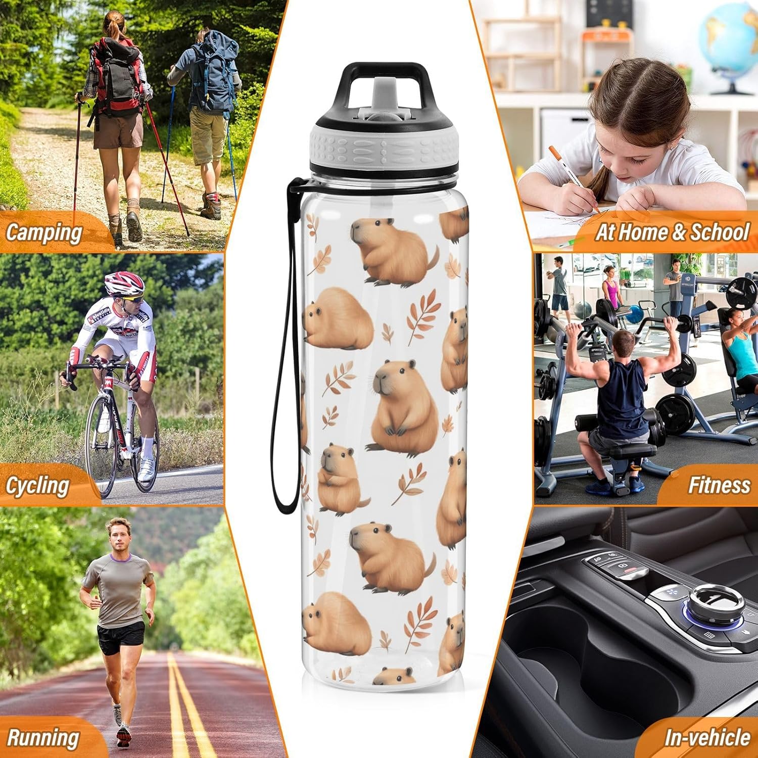 Caikeny Capybaras Water Bottle with Straw Leafs Sports Bottles BPA-Free Tritan Water Jug with Carrying Strap for Gym Office Outdoor Sports