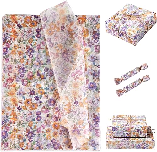 XIHIRCD 30 piezas de papel de regalo estampado de flores, 13.77 x 19.68 pulgadas, papel de seda floral morado, paquete de regalo, papel de seda con