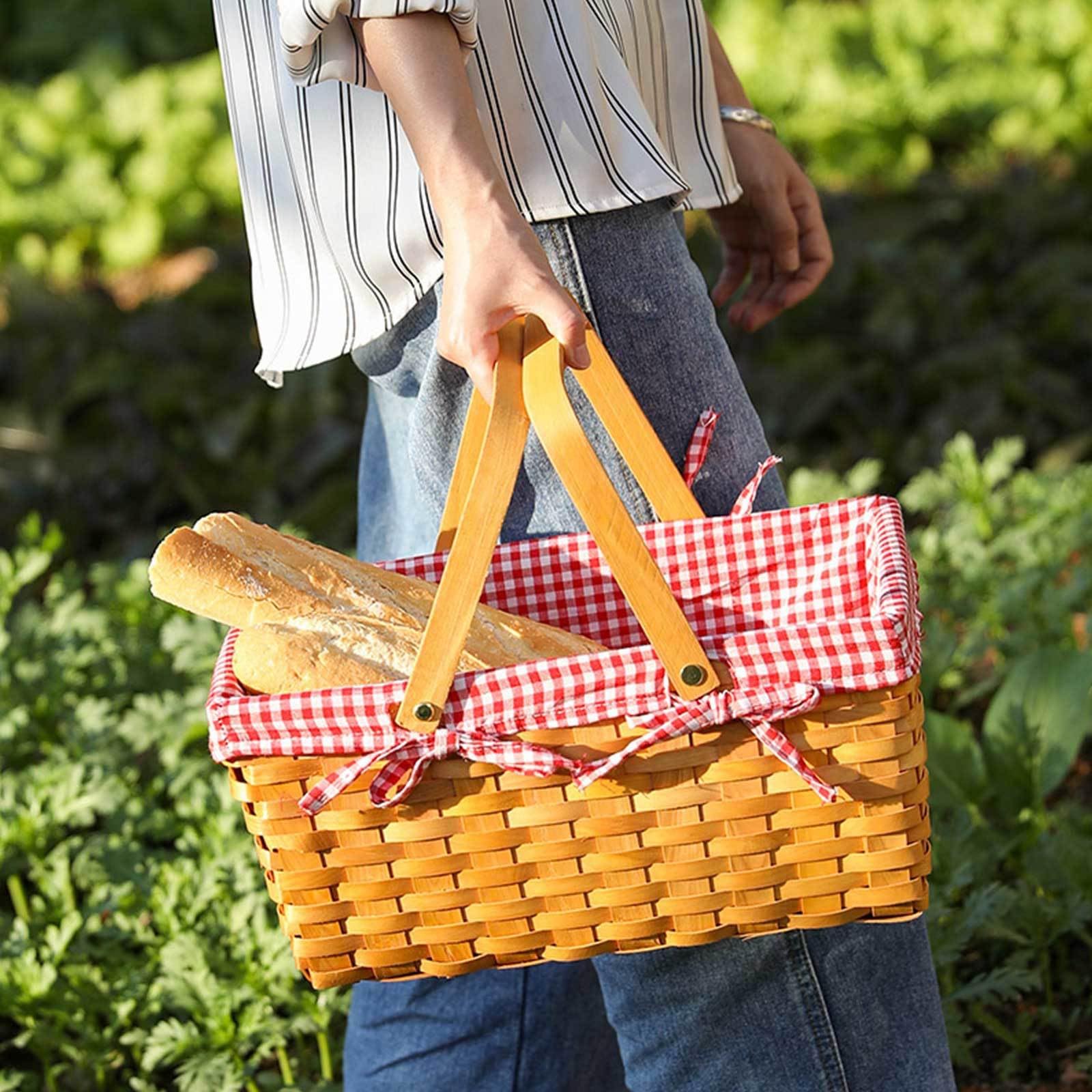 Ręcznie tkany drewniany kosz piknikowy, z 2 uchwytami obrotowymi i podszewką tkaniny, pusty duży na piknik, zewnątrz, kemping, rodzinę, imprezę, zakupy, prezenty ślubne