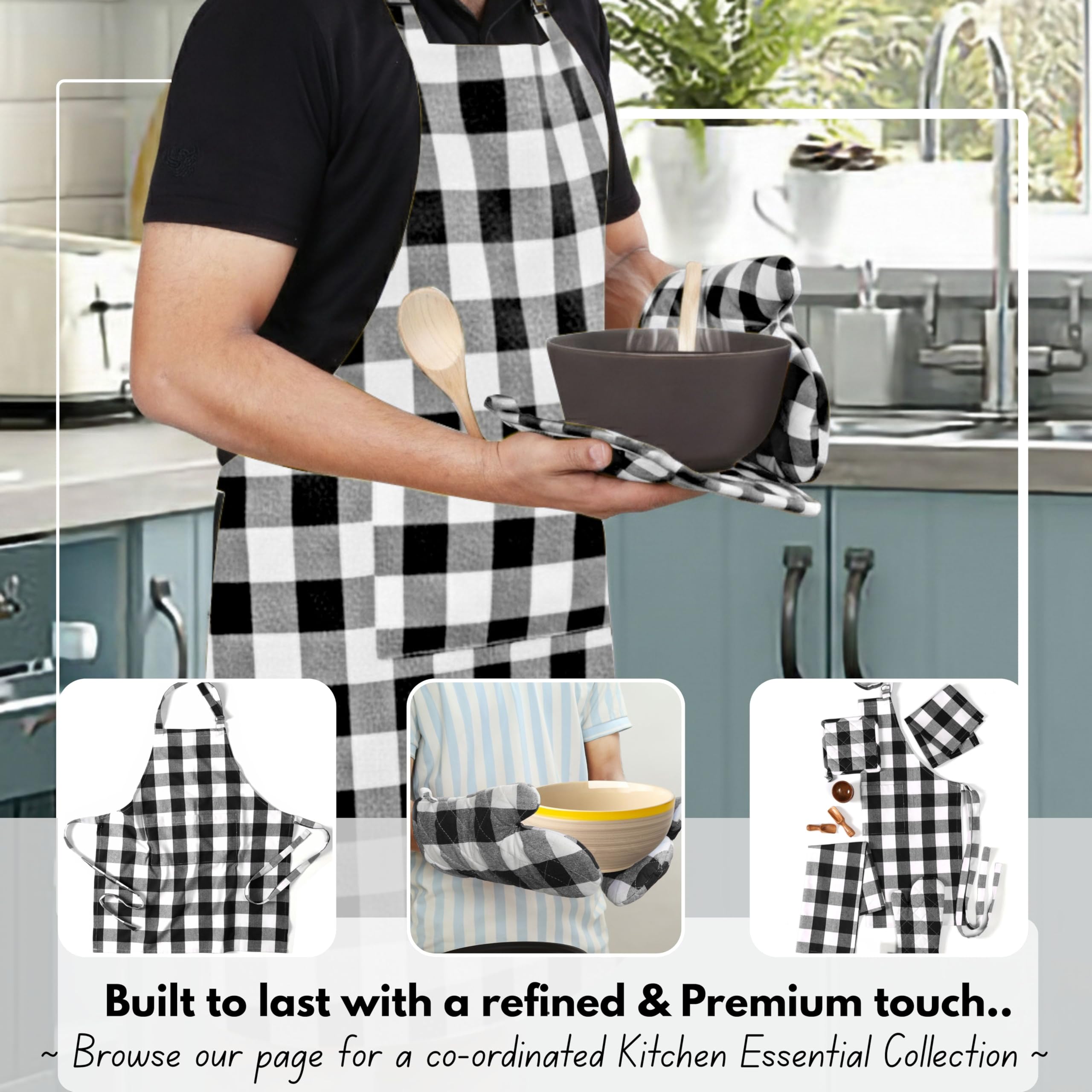 Native Fab Buffalo - Set di 4 guanti da forno e presine a quadri in 100% cotone, resistenti al calore, 2 guanti da forno (7 x 13), 2 presine (8 x 8) per cucinare e cuocere, nero e bianco