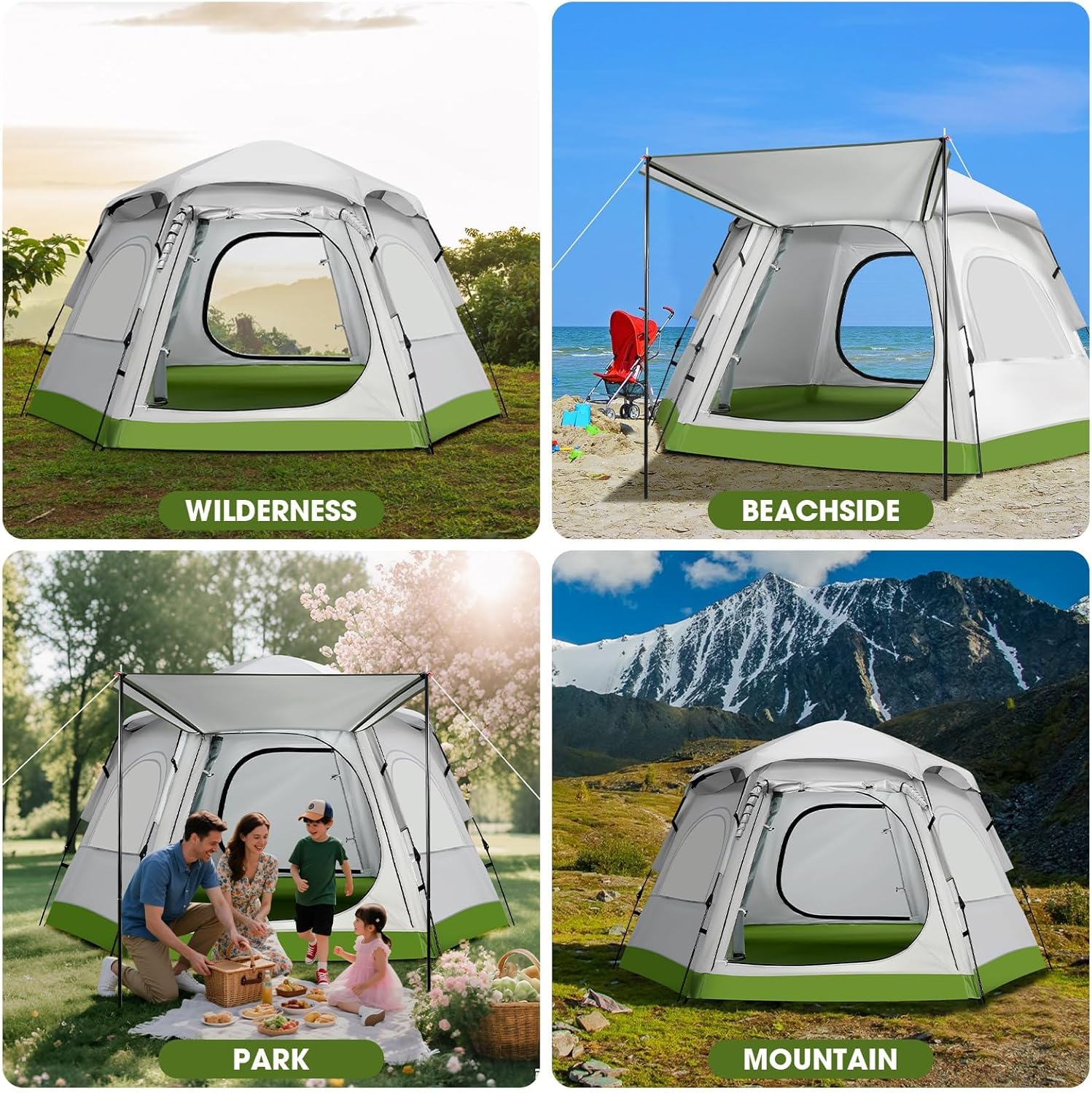 Family Camping Tent 4 Person Waterproof Cabin Tent with Awning and 4 Sided Mesh Windows Easy Setup Portable Outdoor Tent for Beach Park Mountain Hiking Fits 1 Full Air Mattress