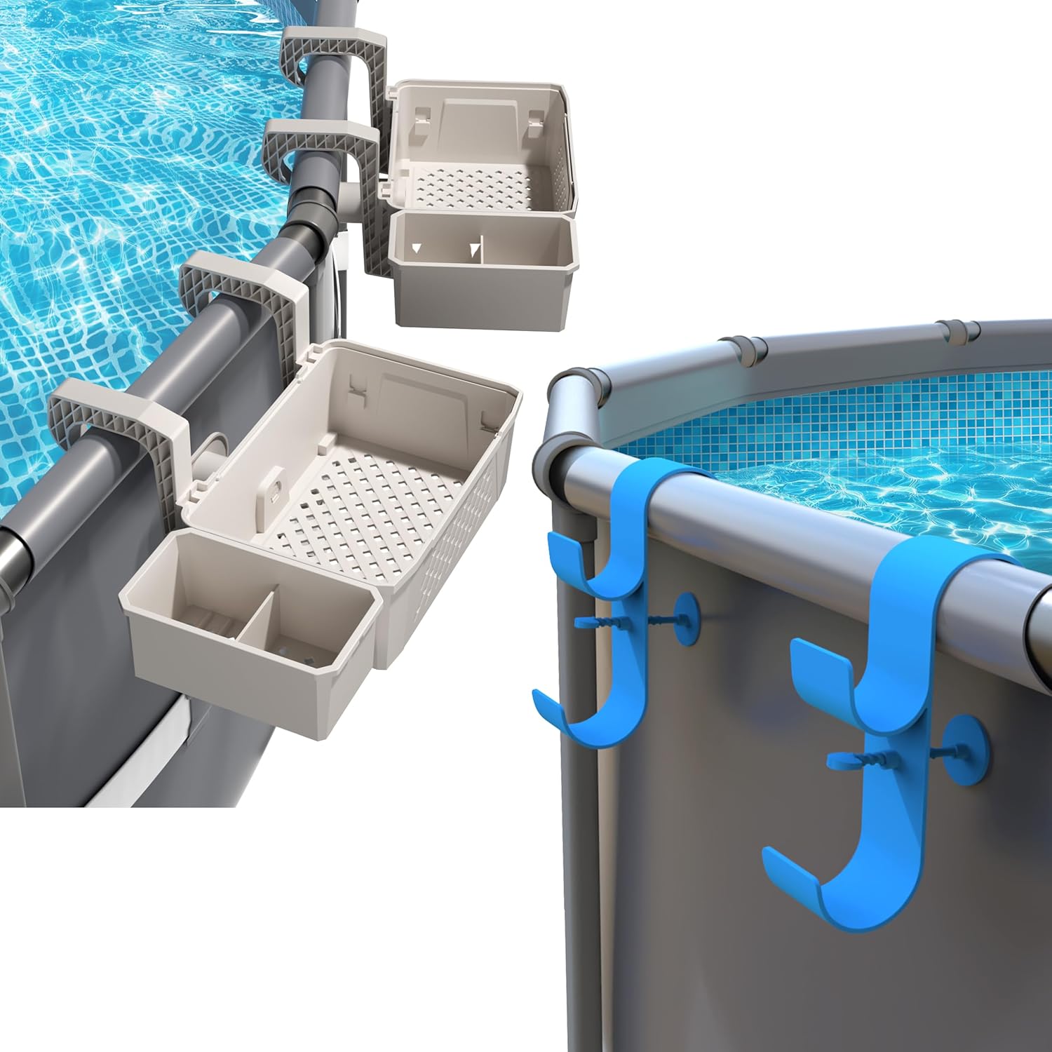 AquaJoyer 2 Sets of Poolside Storage Baskets with Cup Holders & Poolside Pool Leaf Skimmer Net Holder，Above Ground Pool Accessories - Fit for Most Above Ground Pool