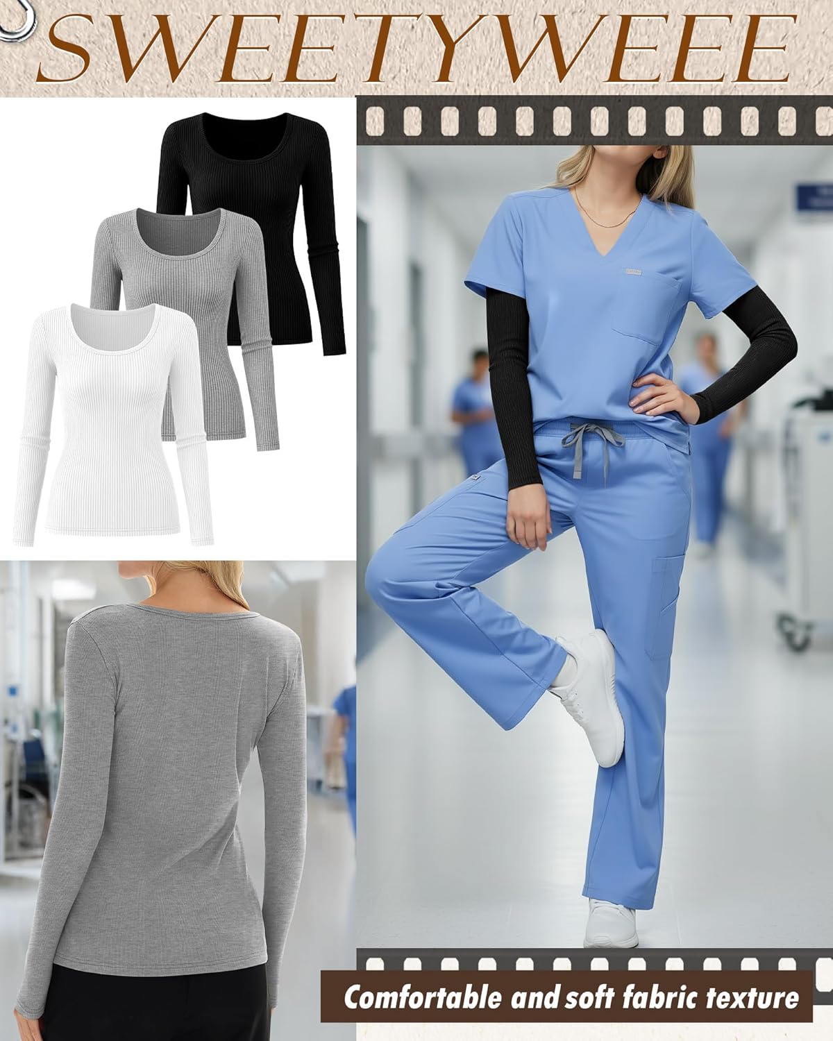 3 Pack Women's Long Sleeve Underscrub Shirts Cotton Scoop Neck Ribbed Scrub Tops Slim Fit Casual Basic Undershirts - Image 3