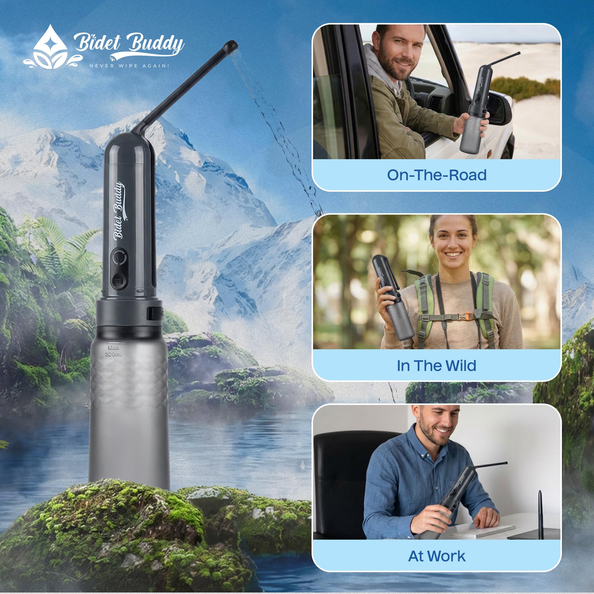 BIDET BUDDY GoFlow - Bidet portatile da viaggio | 280 ml/min di flusso | batteria da 800 mAh | bottiglia da 320 ml | IPX7 impermeabile | ricarica USB-C | tasca e flessibile con pressione media (grigio