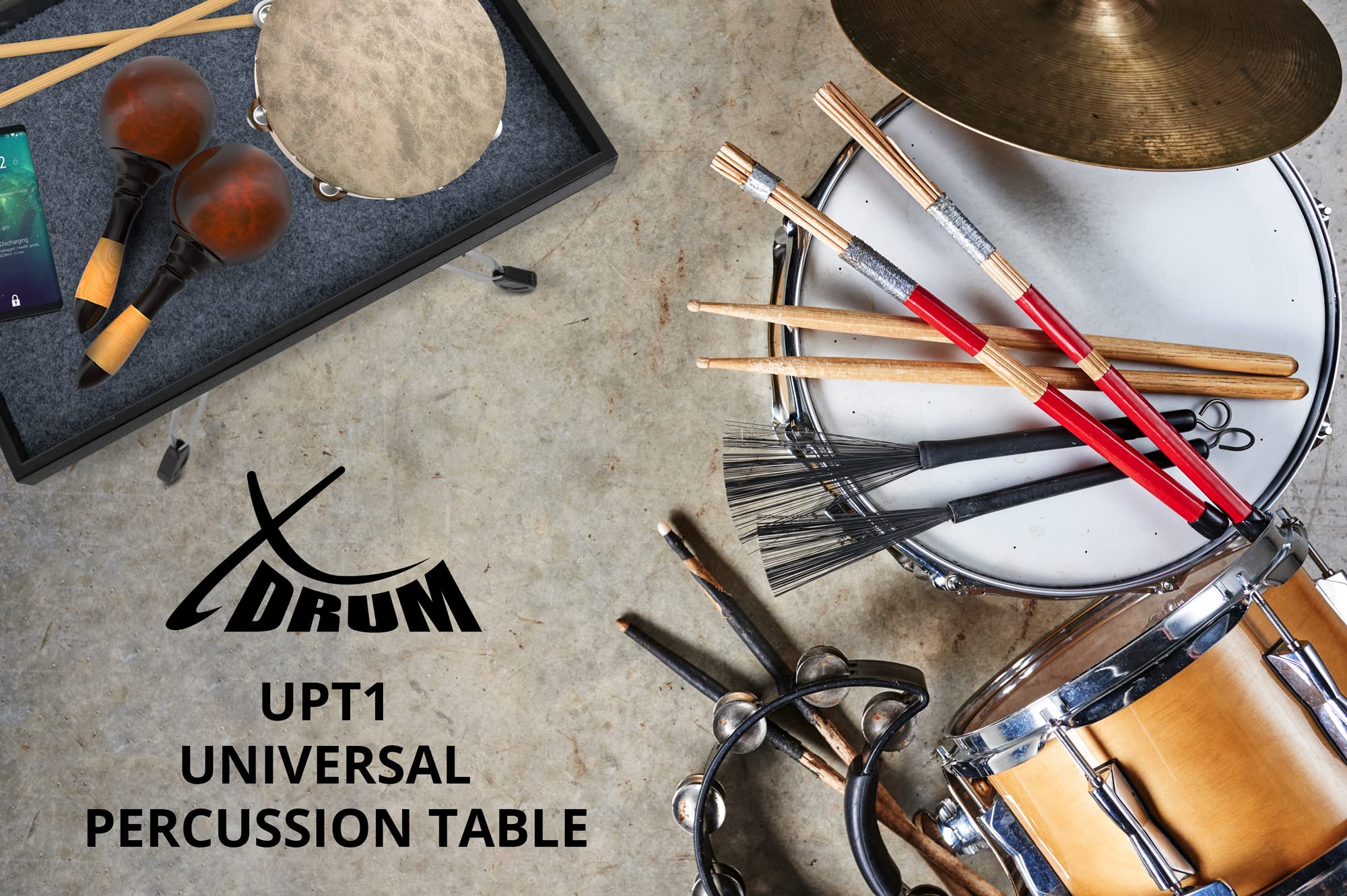 XDrum UPT1 Universal Percussion Table - Höhenverstellbarer Ablagetisch - Größe: 56 x 40 cm - Weicher Filzboden - Stabile Dreibein-Konstruktion - Ideal für Musiker, Mixer, Laptop uvm. - Schwarz