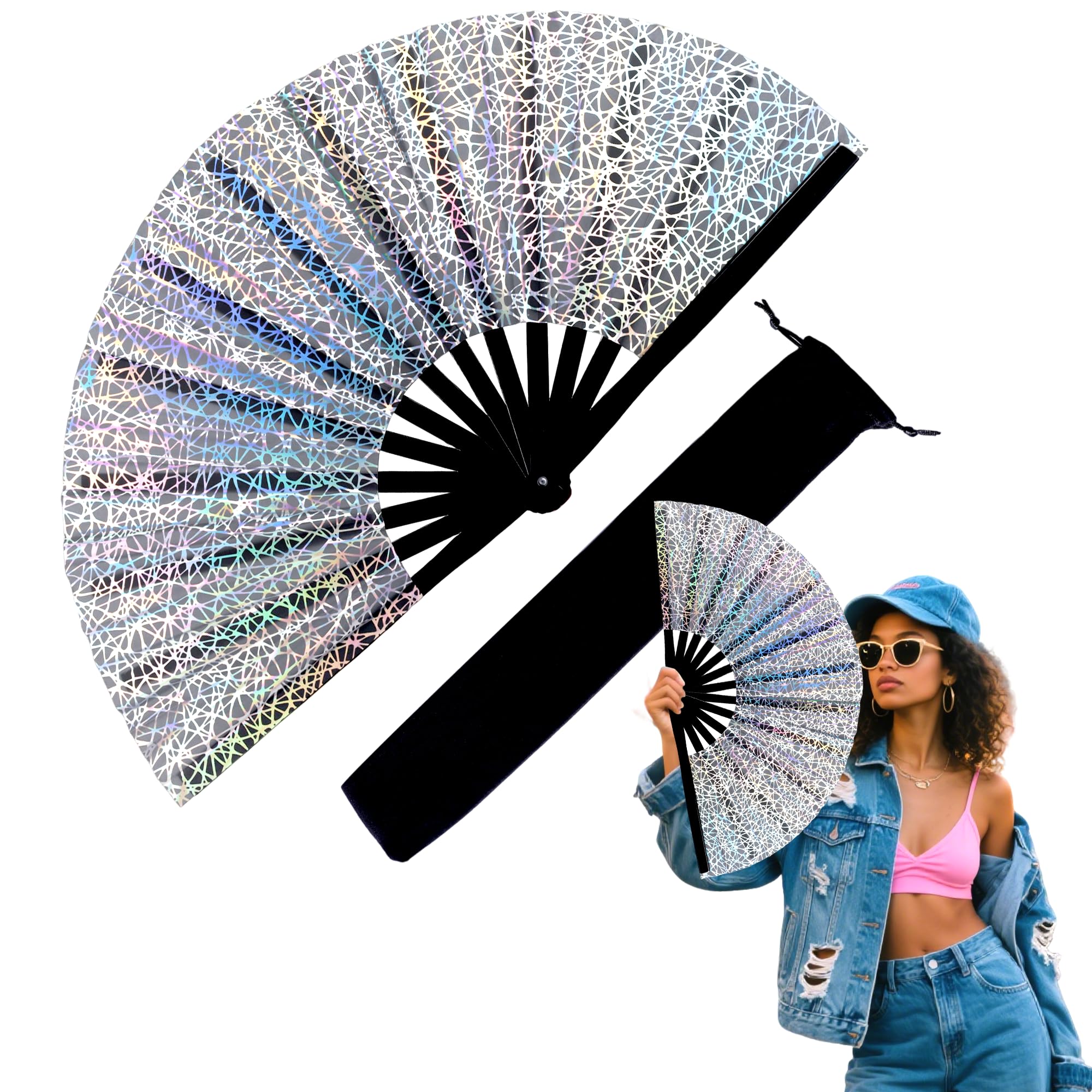 13 Inch Large Rave Fan &amp; Clack Fan for Line Dancing - Folding Hand Fan with UV Glow for Boots on The Ground, Performance, Wedding, Party - Portable Handheld Fan for Women &amp; Men