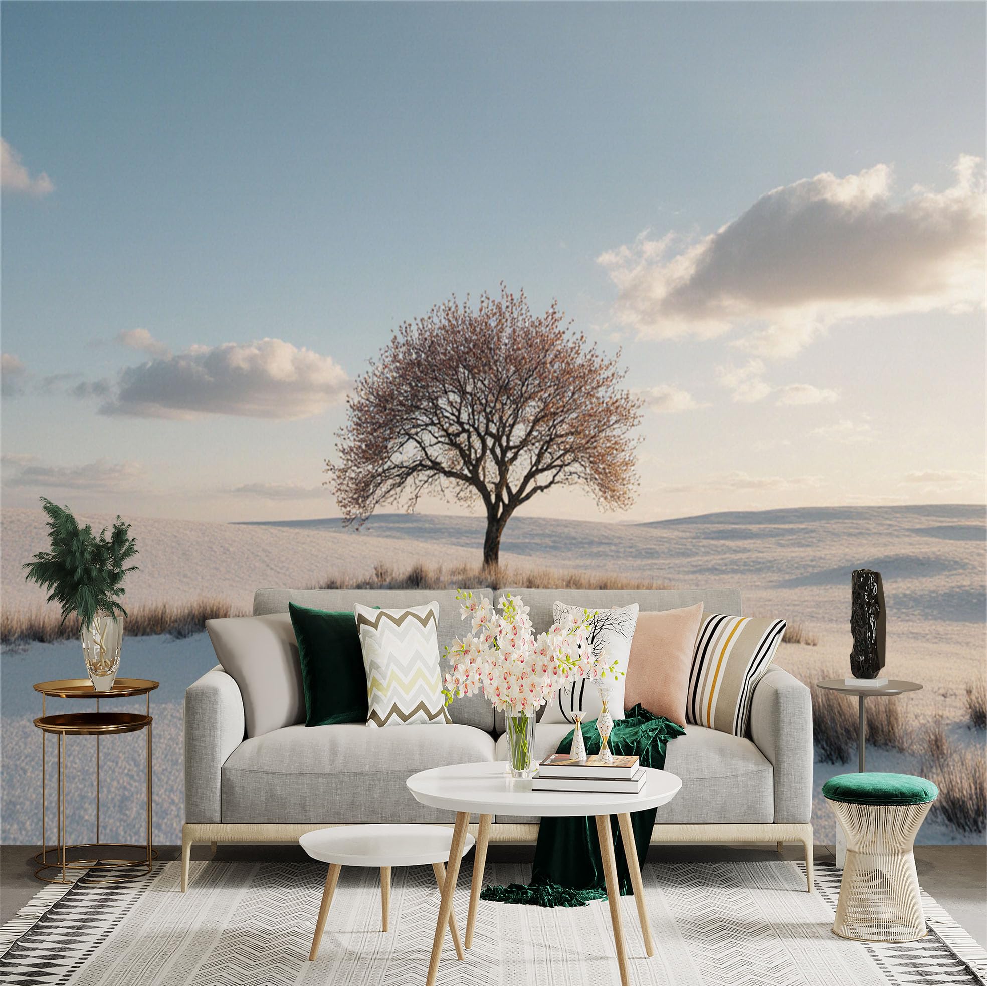 Custom Size Wall Sticker Mural， Lone Tree on Snowy Hill， Winter Landscape， Peaceful Nature Scenery， Sunset Sky， for wall Decoration， peelandstick wall Decals.