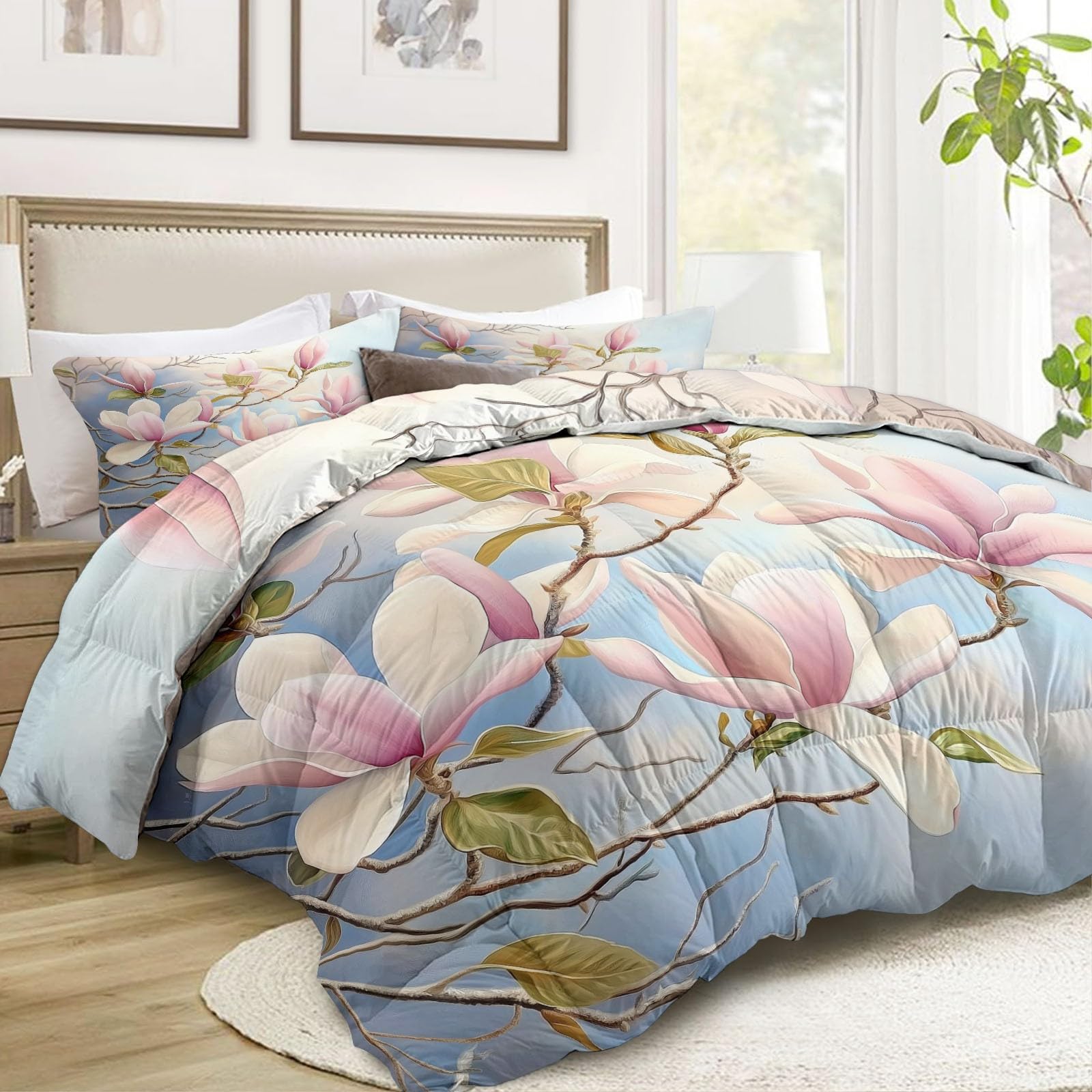 Generisch Kołdra 200 x 200 cm, na 4 pory roku, jasnozielone liście, dwustronna kołdra pikowana, miękka kołdra całoroczna, bez poszewki, nadaje się do prania, z poszewką na poduszkę