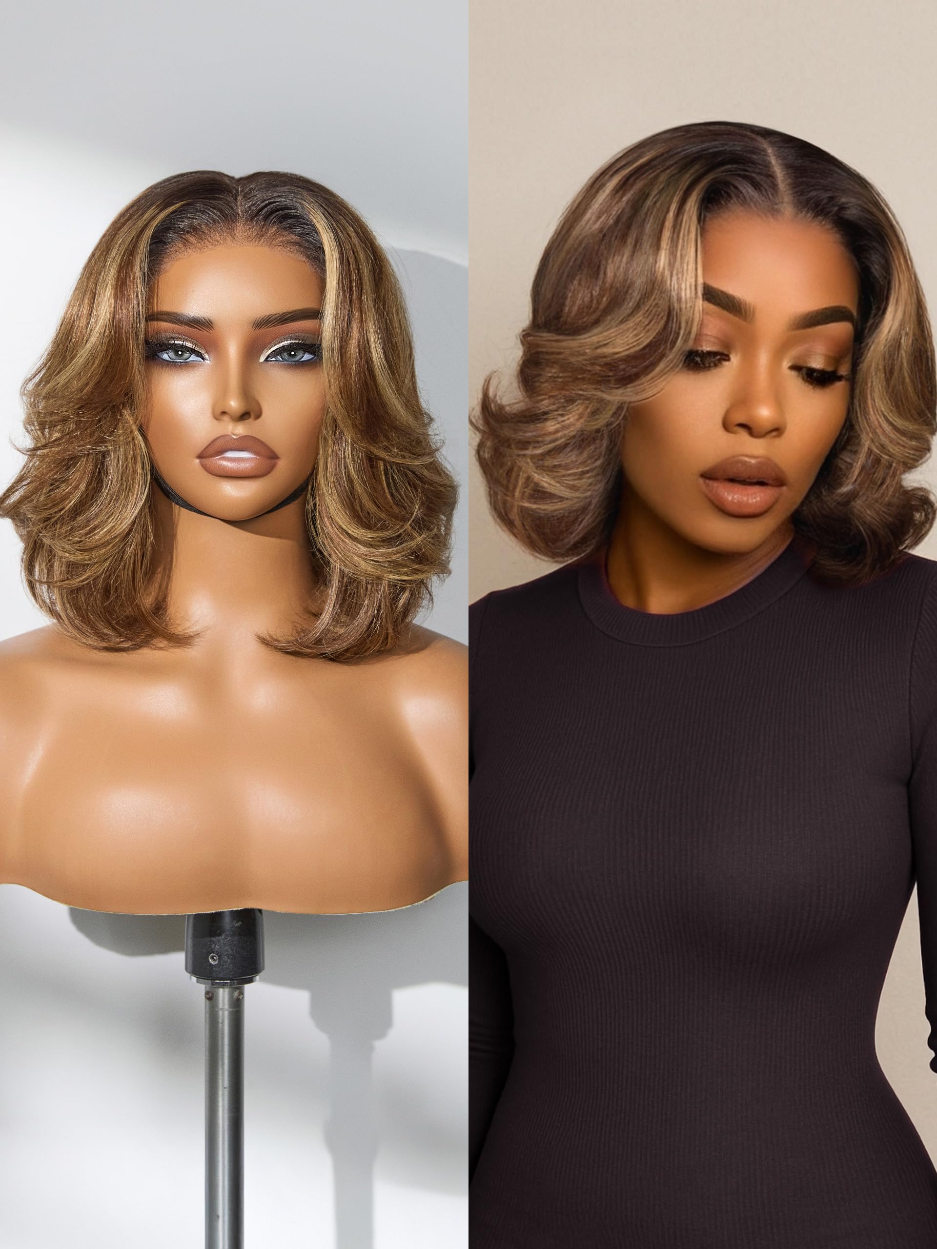 LUVME HAIR 5X5 Layer Cut Bob Wig 100% Human Hair 10 Inches Highlight Mix Brown Glueless Wigs Human Hair Pre Plucked Pre Cut Ready to Go Wig 200