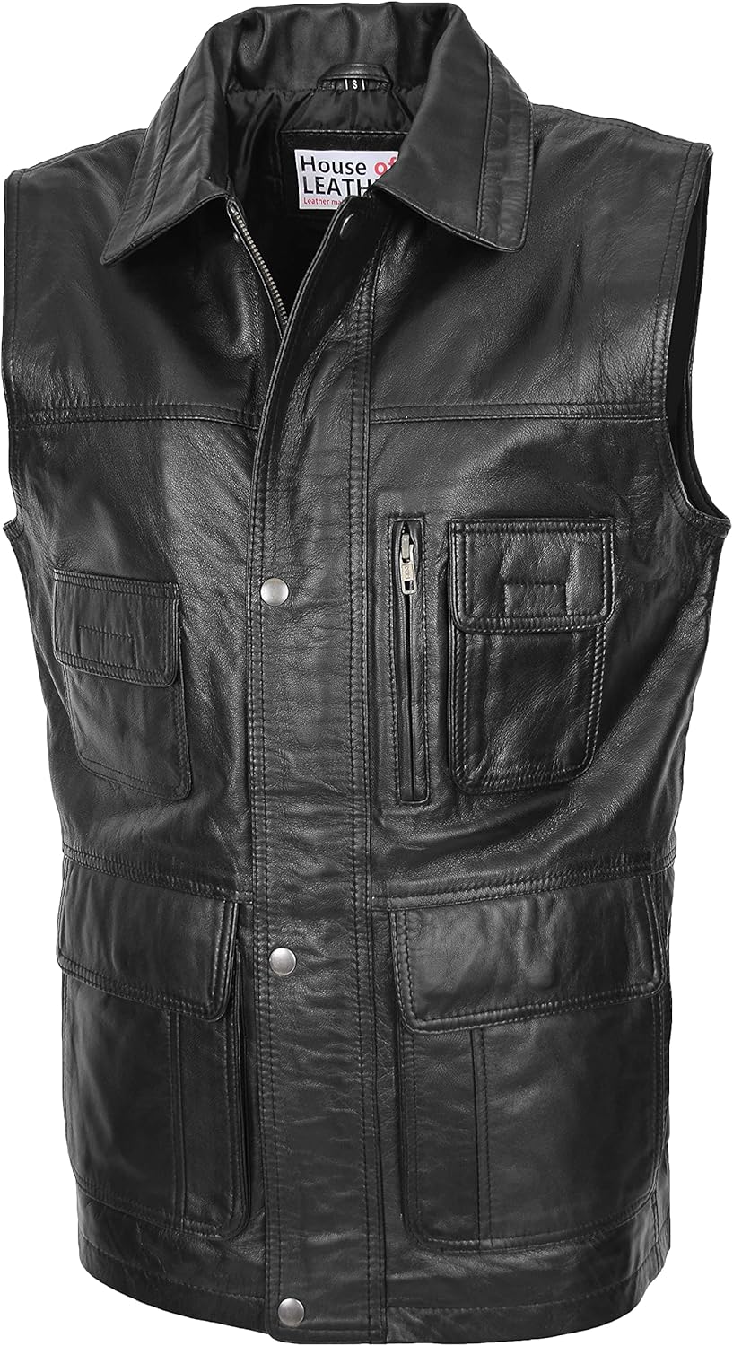 Mens Real Leather Gilet Vest Multi Purpose Waistcoat Roger Black