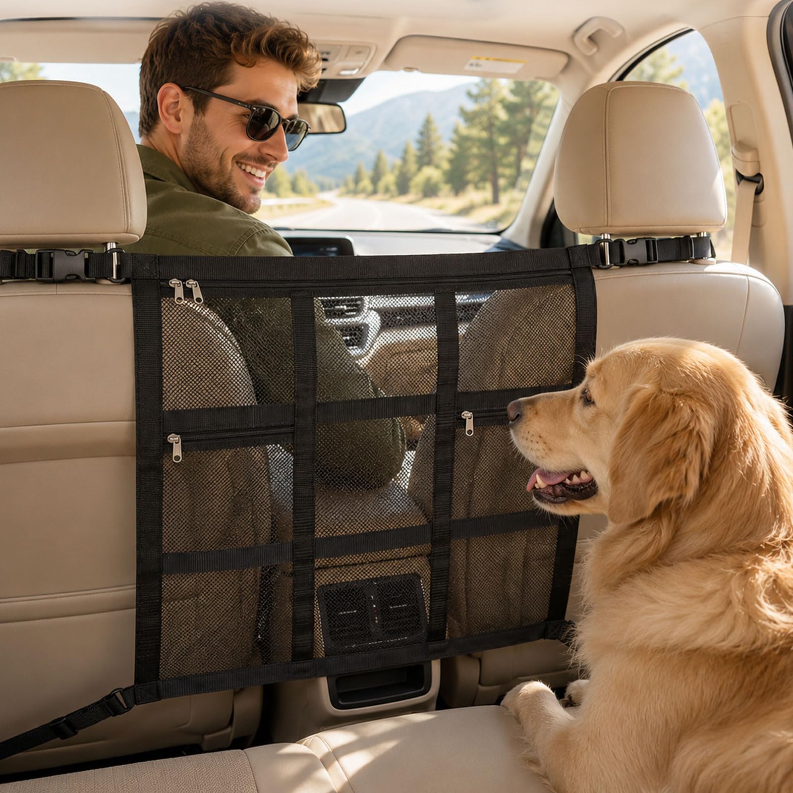 Higijapuf Dog Car Barrier Dog Net for Car with Storage Pockets