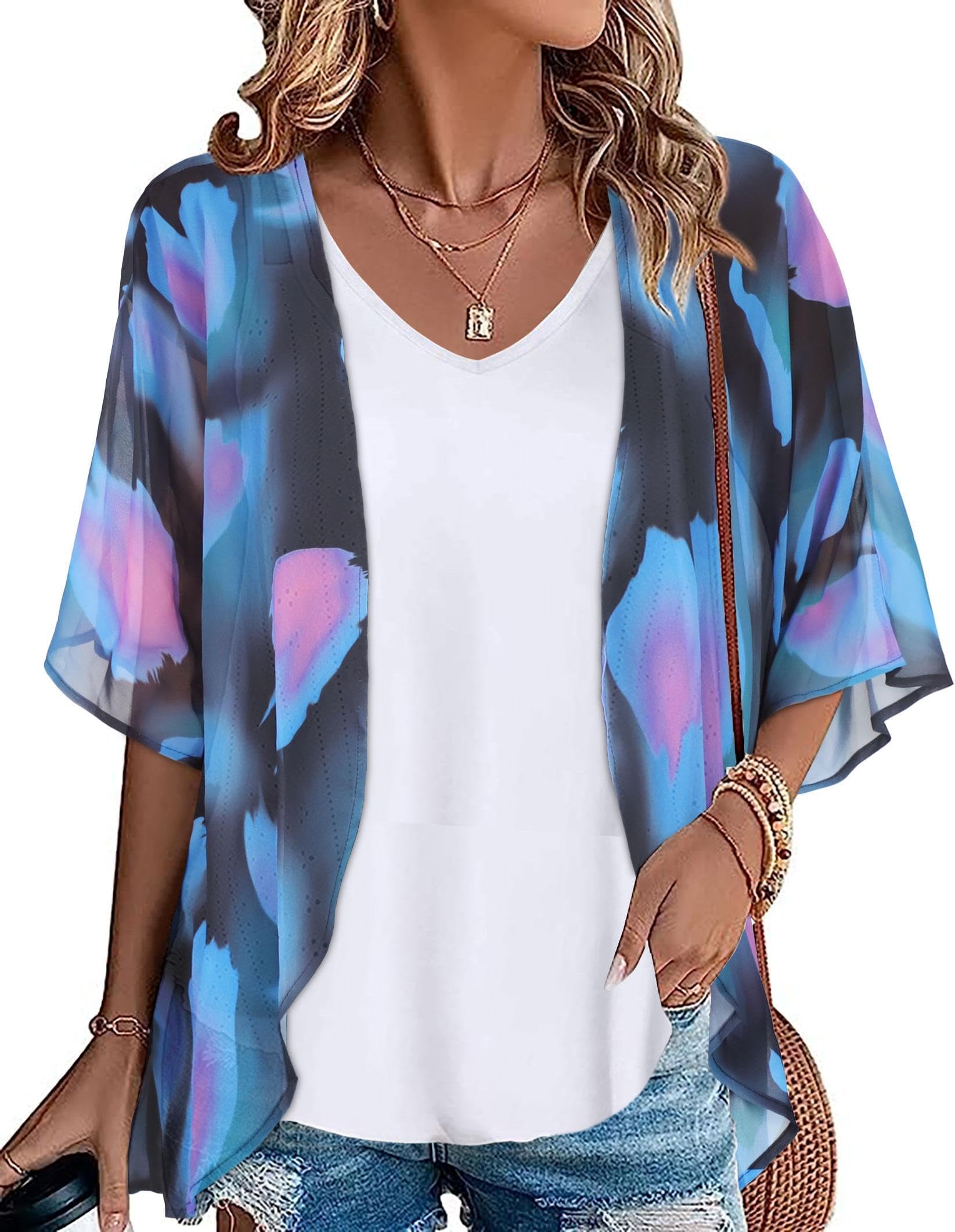 JOELLYUSWomens Kimono Beach Cover Up Chiffon Cardigan Floral Tops Loose Capes