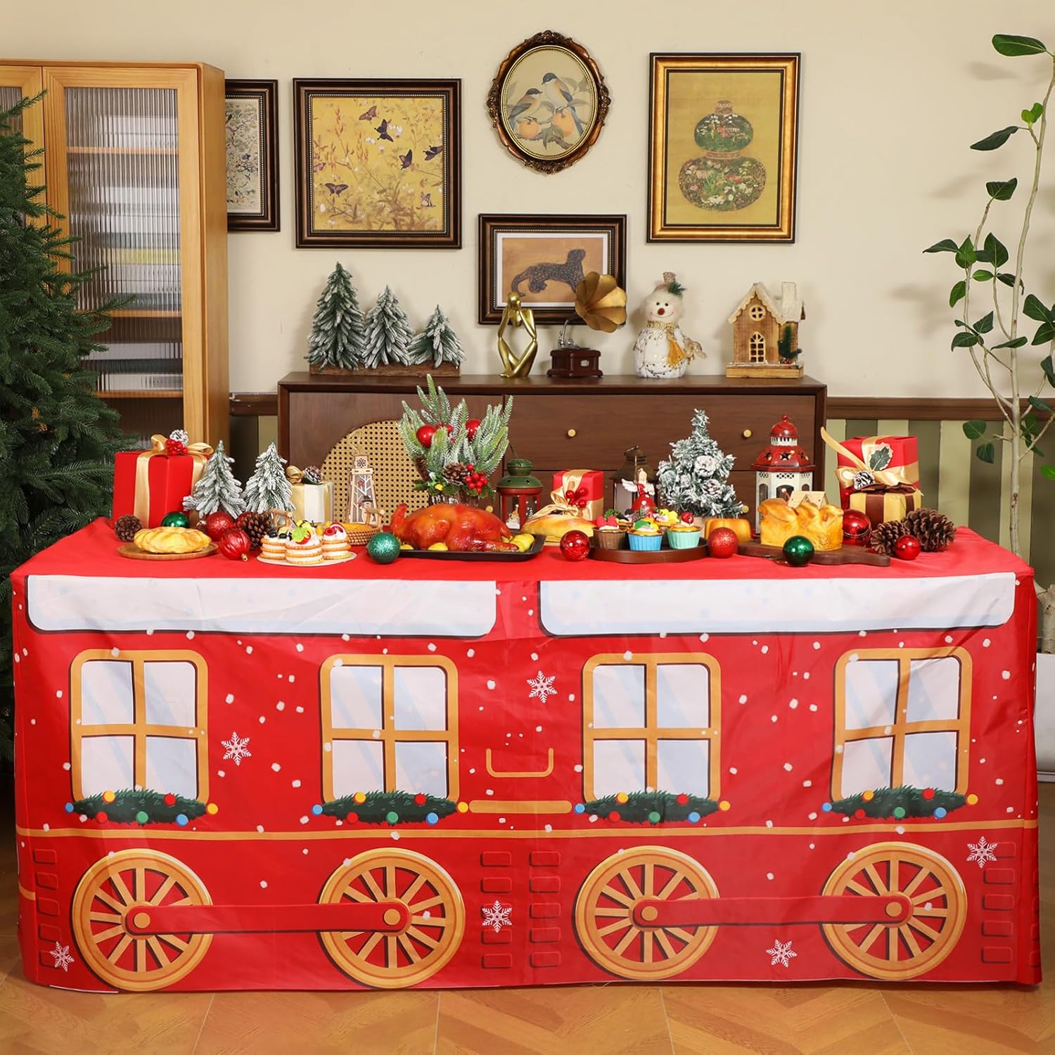 Oudain 6ft Christmas Tablecloth Train Shaped Washable Tablecloth Christmas Party Supply Decorative Holiday Table Covers Red and White Decor for Kitchen Party Dining Table Decor