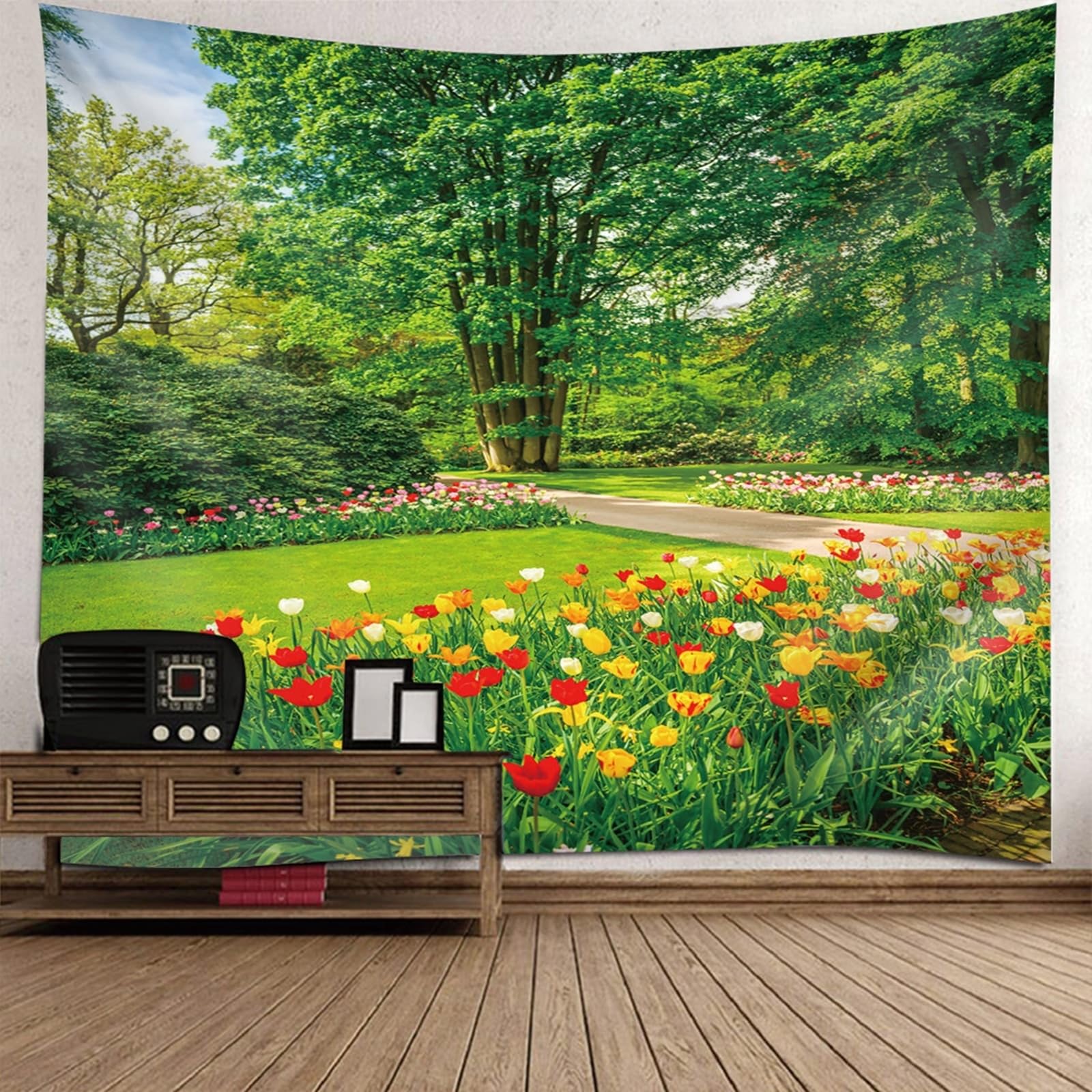 Tolldek Dekoracja ścienna w kwiaty, las, ogród, krajobraz XXL, dywan ścienny, makata na ścianę XXL, poliester, dekoracja salonu, kolor zielony, 300 x 256 cm