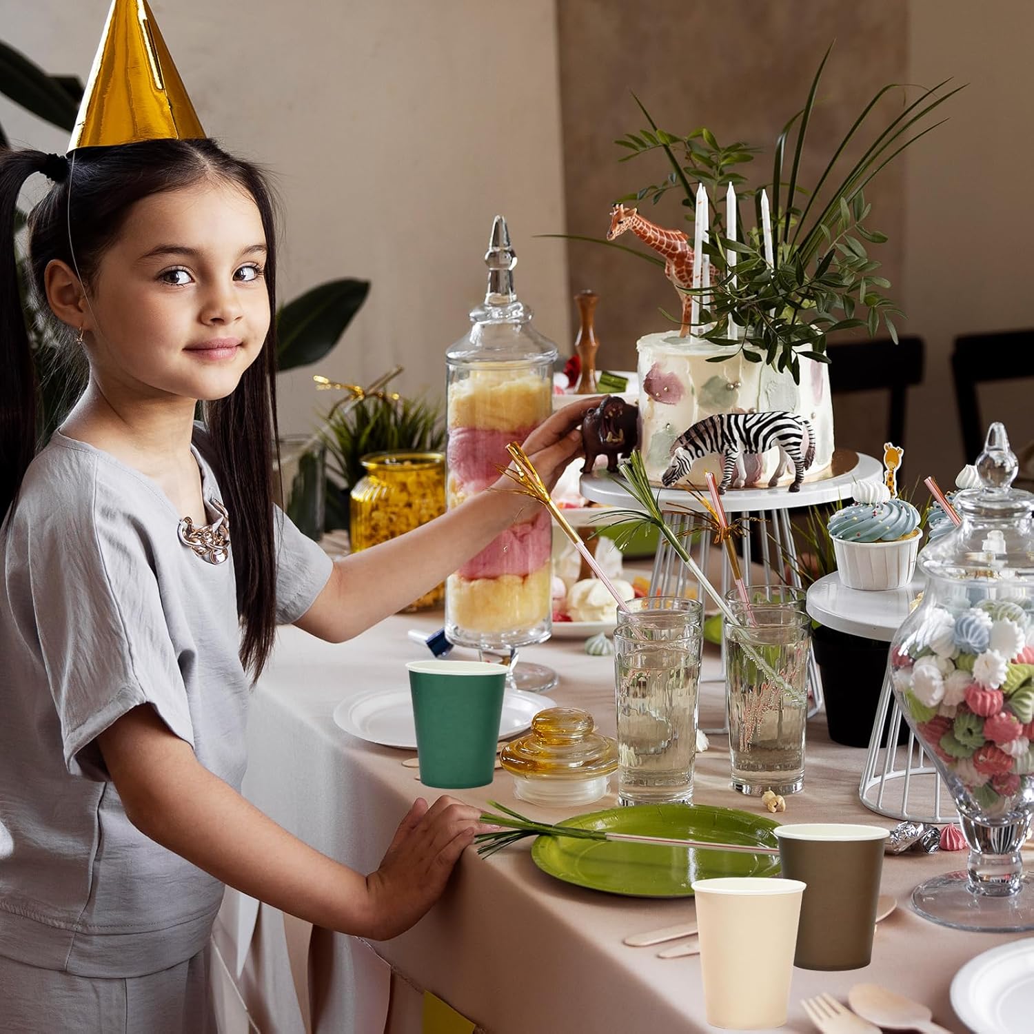 100Pcs Green Brown Paper Cups 9oz Woodland Themed Disposable Cup Gradient Color Drinking Cup for Cold Hot Drinks Birthday Bride Shower Supplies - Image 7