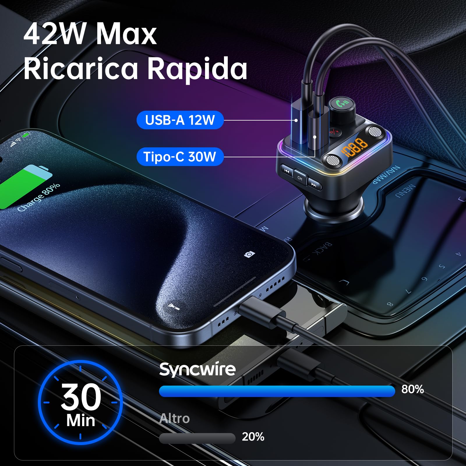 Syncwire Trasmettitore FM Bluetooth 5.4 Auto 42W [Interruttore Luminoso] [Microfoni Doppi Potenziati & Bassi HiFi] [Ricarica Veloce] Adattatore Musicale Wireless per FM Radio, Chiamata Mani Libere