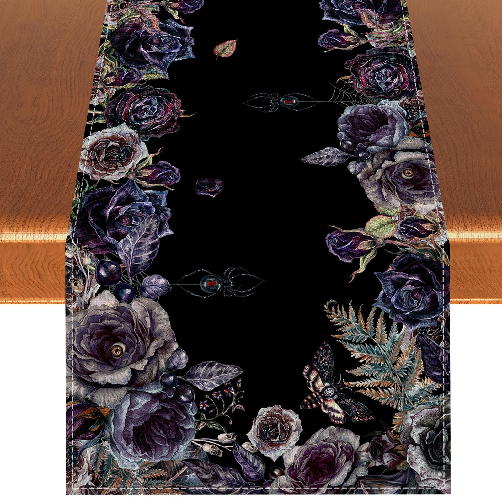 Halloween Table Runner Gothic Skull Tablecloth Day of The Dead Roses Skull Decor Halloween Decorations and Supplies for Home Kitchen Table-13×72’’