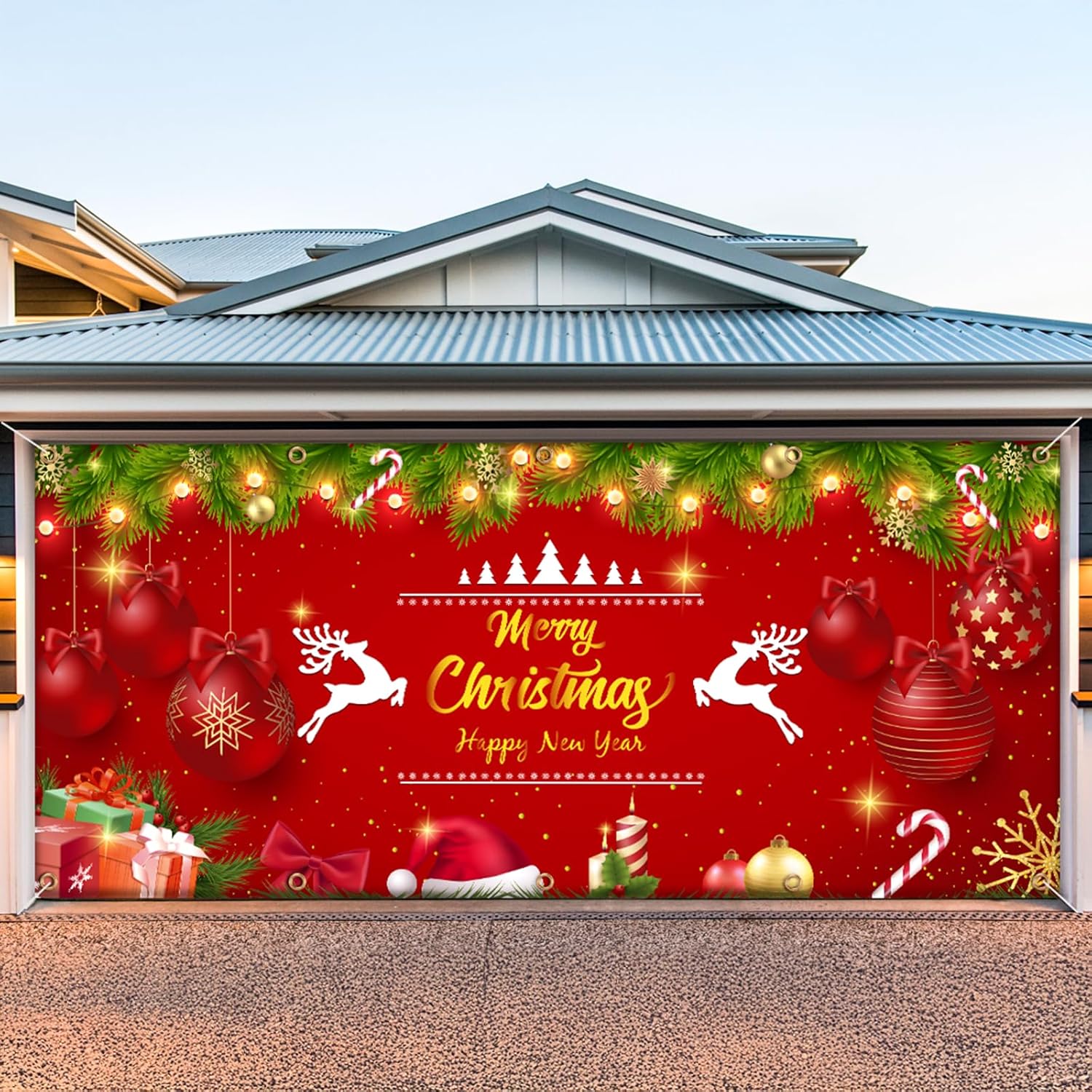 7 x 16 ft Garage Door Christmas Decorations 2025 Merry Christmas Garage Door Cover Double Garage Door Banner Xmas Murals Backdrop Outdoor Decorations Cute Christmas Decorations (Reindeer)