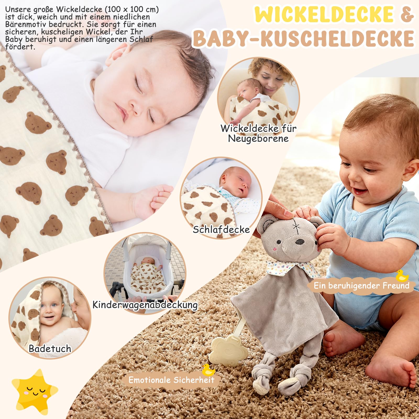 Baby-Geschenkkorb, Geschenkkorb für Neugeborene, Set mit Windel-Caddy sensorisches Buch, Babydecke, Wickelsocken, Rassel, Lätzchen, Meilensteinkarten, Babyparty-Geschenkbox für Jungen, Mädchen, Unisex